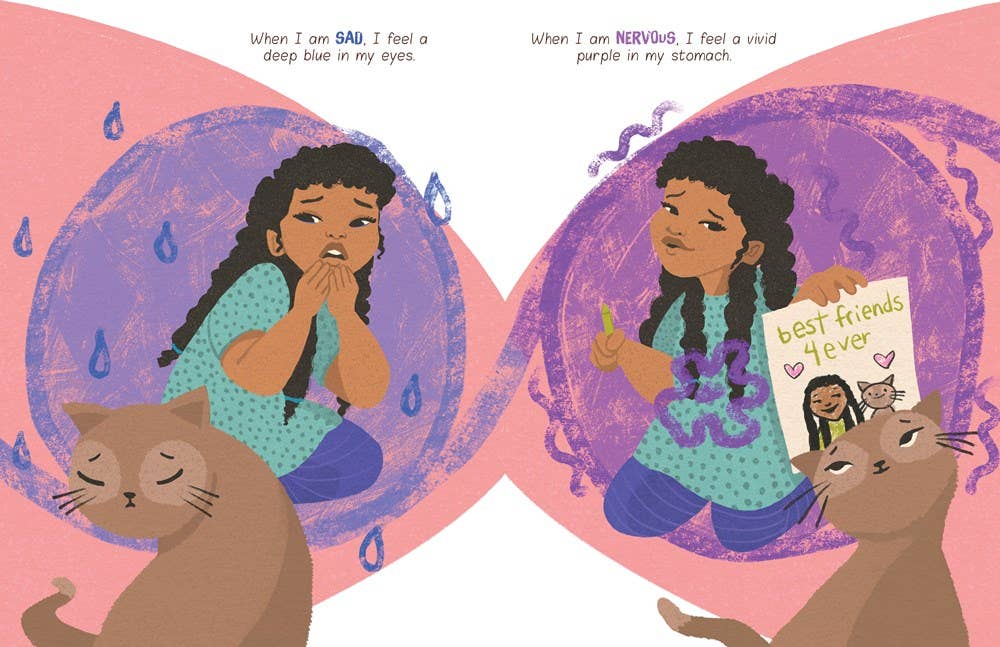 An illustrated children's book spread showing a girl sitting cross-legged with text about feelings when sad or nervous, alongside a cat on a pink and purple background.