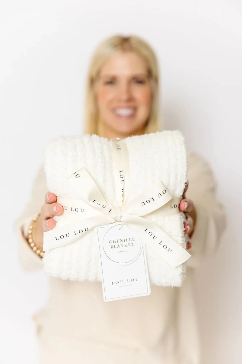 Chenille Blanket in White - Lou Lou & Company Blankets sold by Rosebud & Jo
