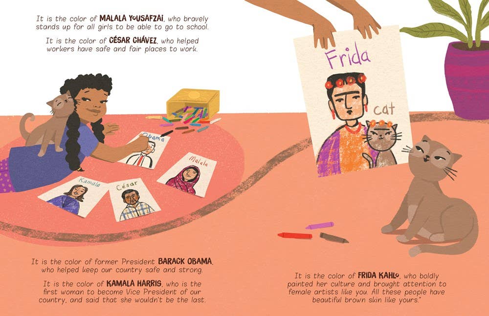A colorful illustrated book or poster page with text blocks and a hand holding a card that says 'Frida cat.' The scene shows stylized people, cats, a cat portrait, and bright pink, orange, purple, blue, and yellow tones on a peach background.
