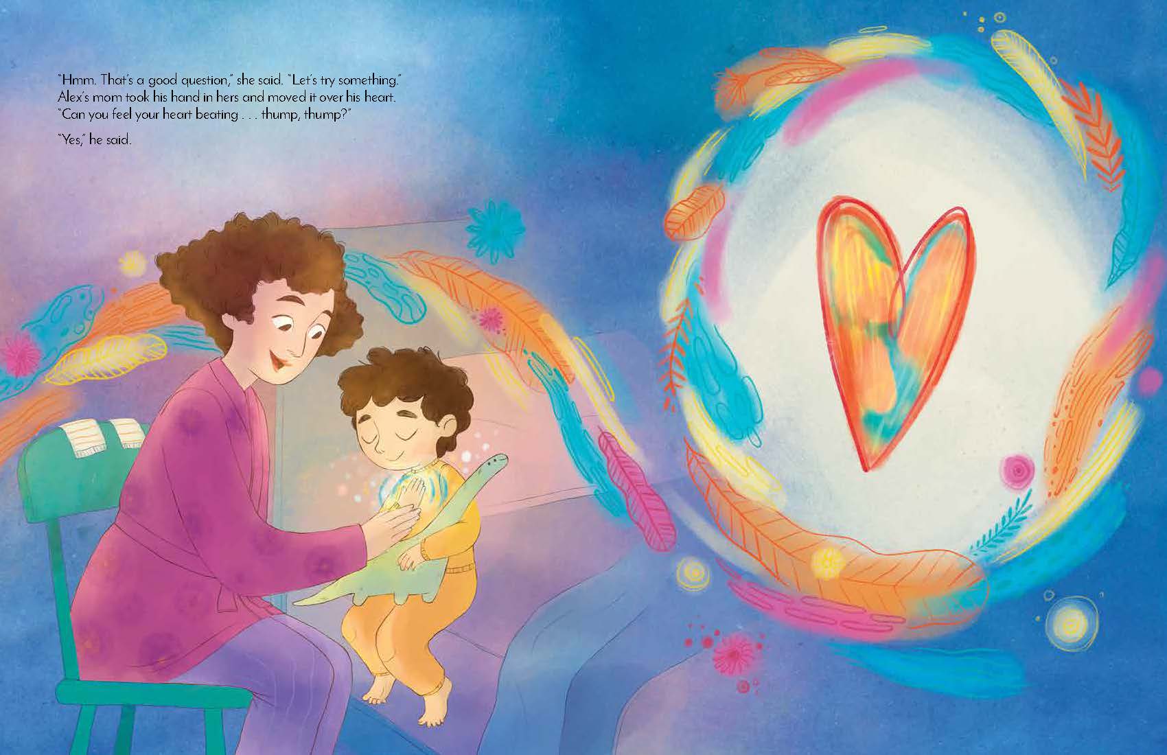 Illustrated children's book page showing a woman sitting on a chair and holding a child, with colorful feather-like swirls and a glowing heart on a blue background. Small printed text appears in the upper left.