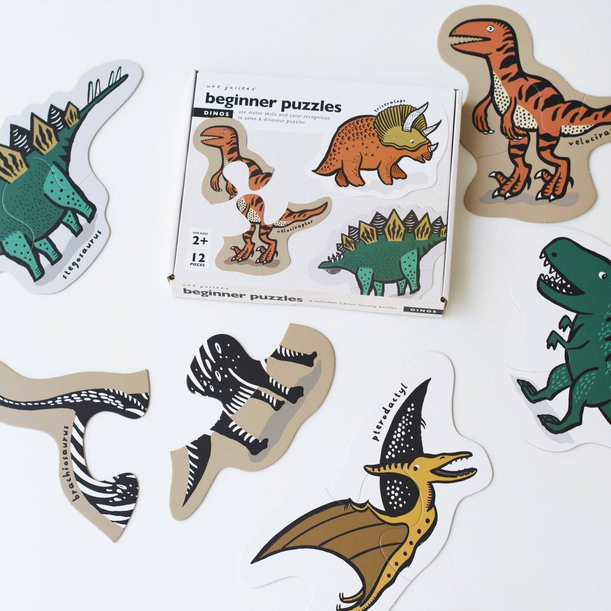 Dinosaur Beginner Puzzle Set – 6 Two - Piece Puzzles for Toddlers and Kids - Wee Gallery Puzzle sold by Rosebud & Jo