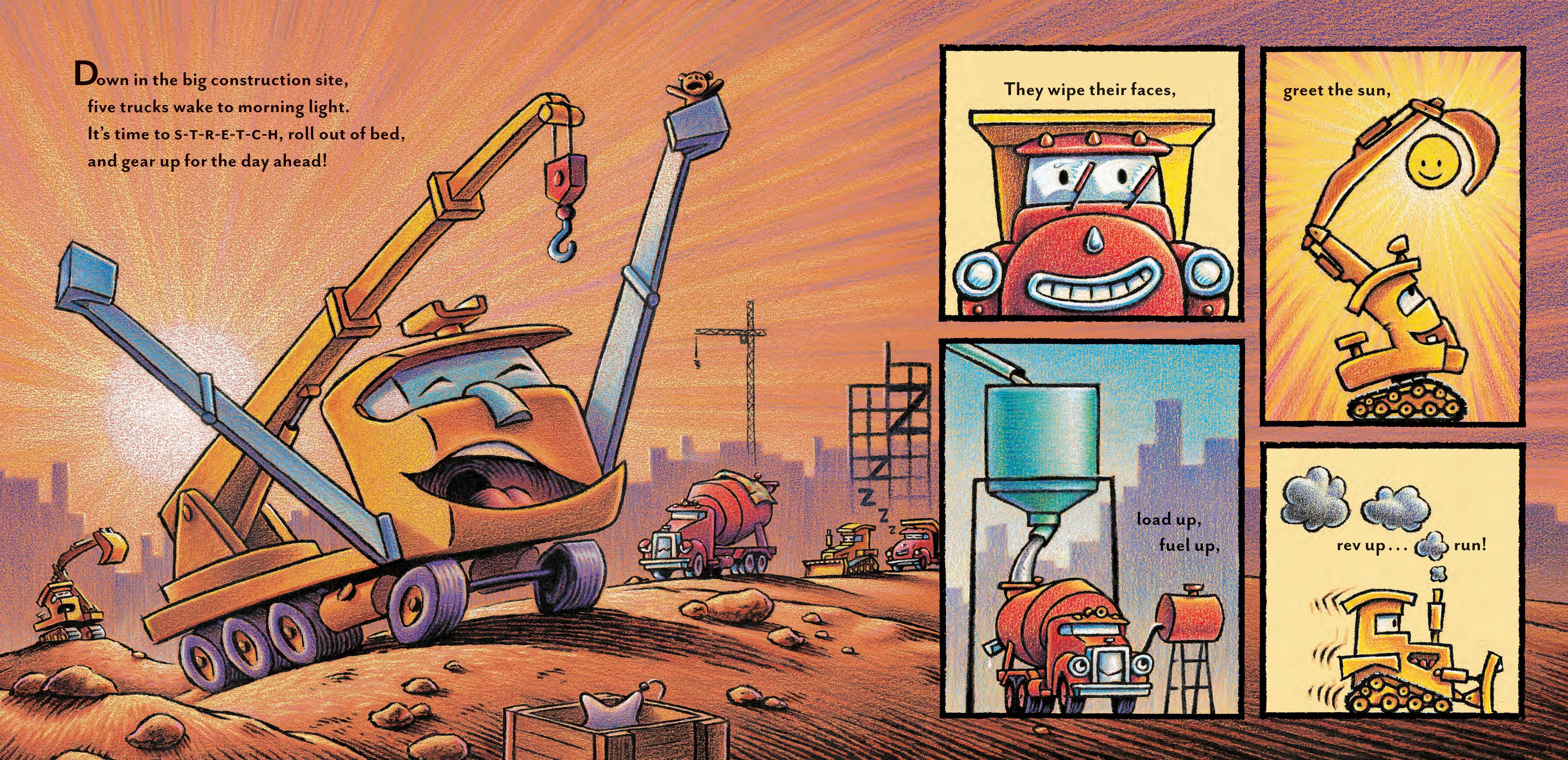 A colorful children's book or comic-style illustration showing construction vehicles at a building site, with a large cartoon crane in the main panel and four smaller panels around it. The artwork is bright and playful, with text bubbles and no visible brand.