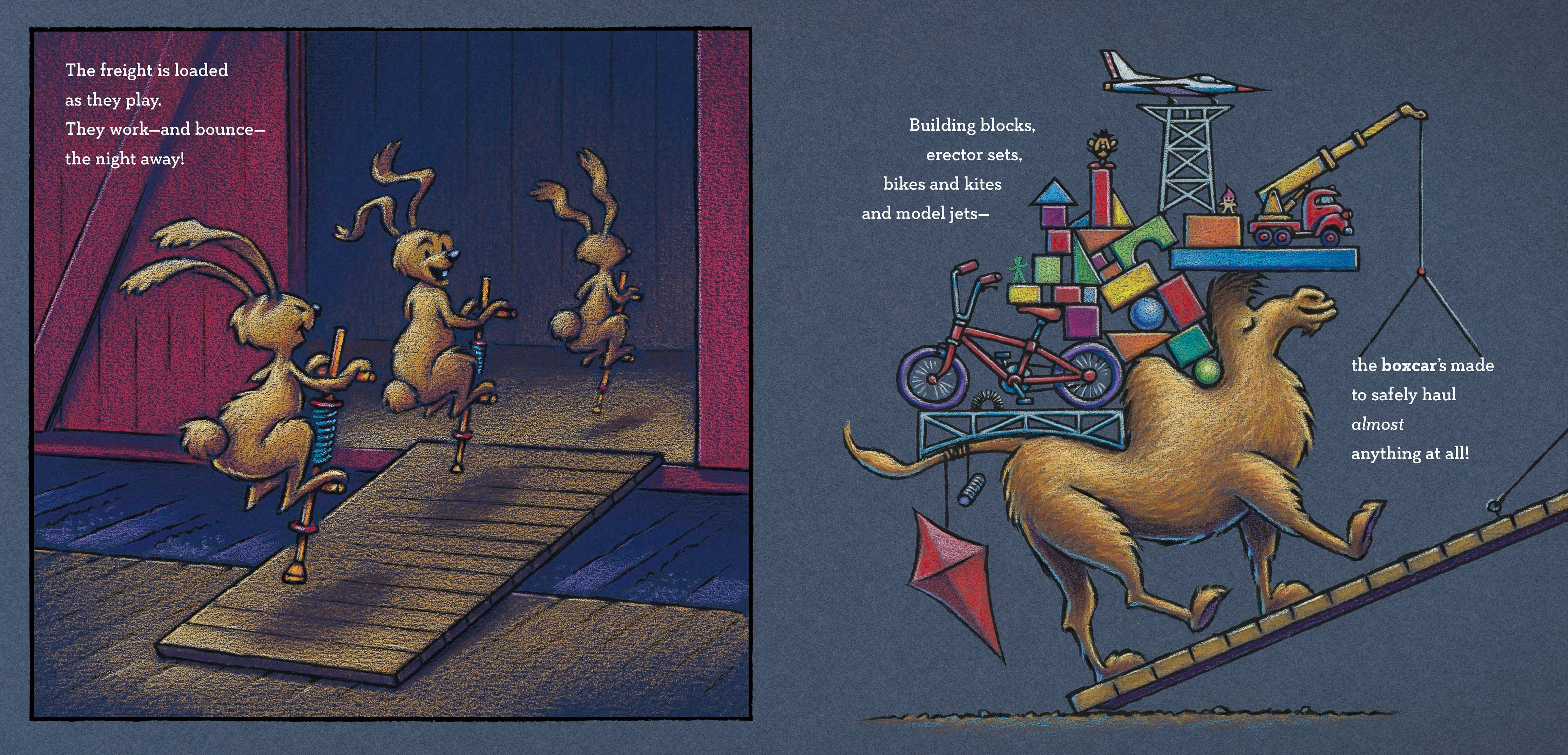Illustration of animals playing with toys on a stage and in a room.