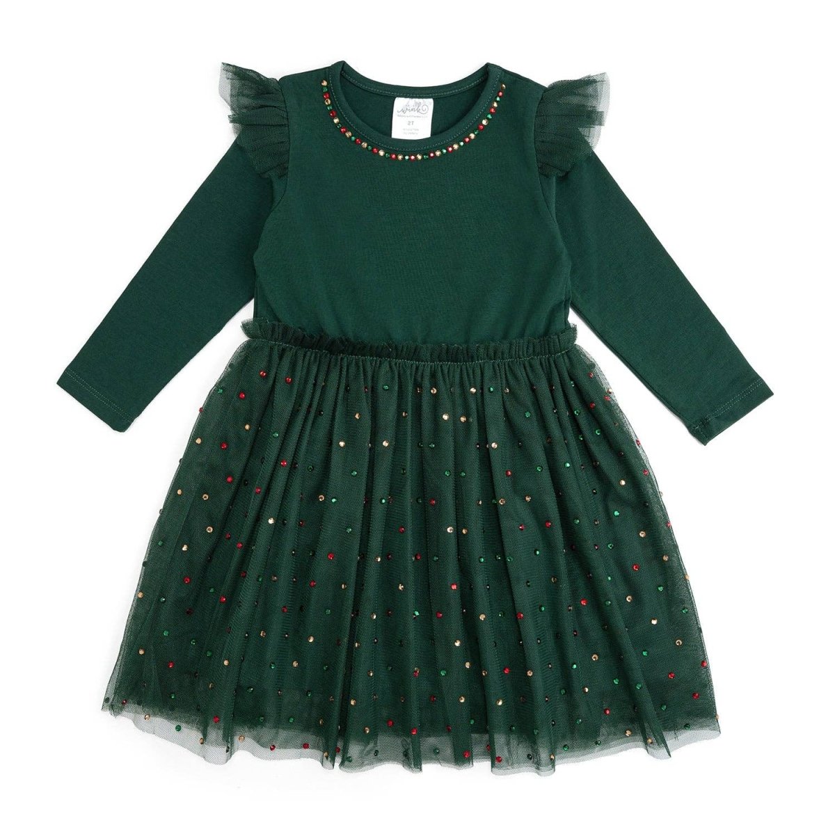 Emerald Rhinestone Christmas Long Sleeve Tutu Dress - Sweet Wink Dress sold by Rosebud & Jo