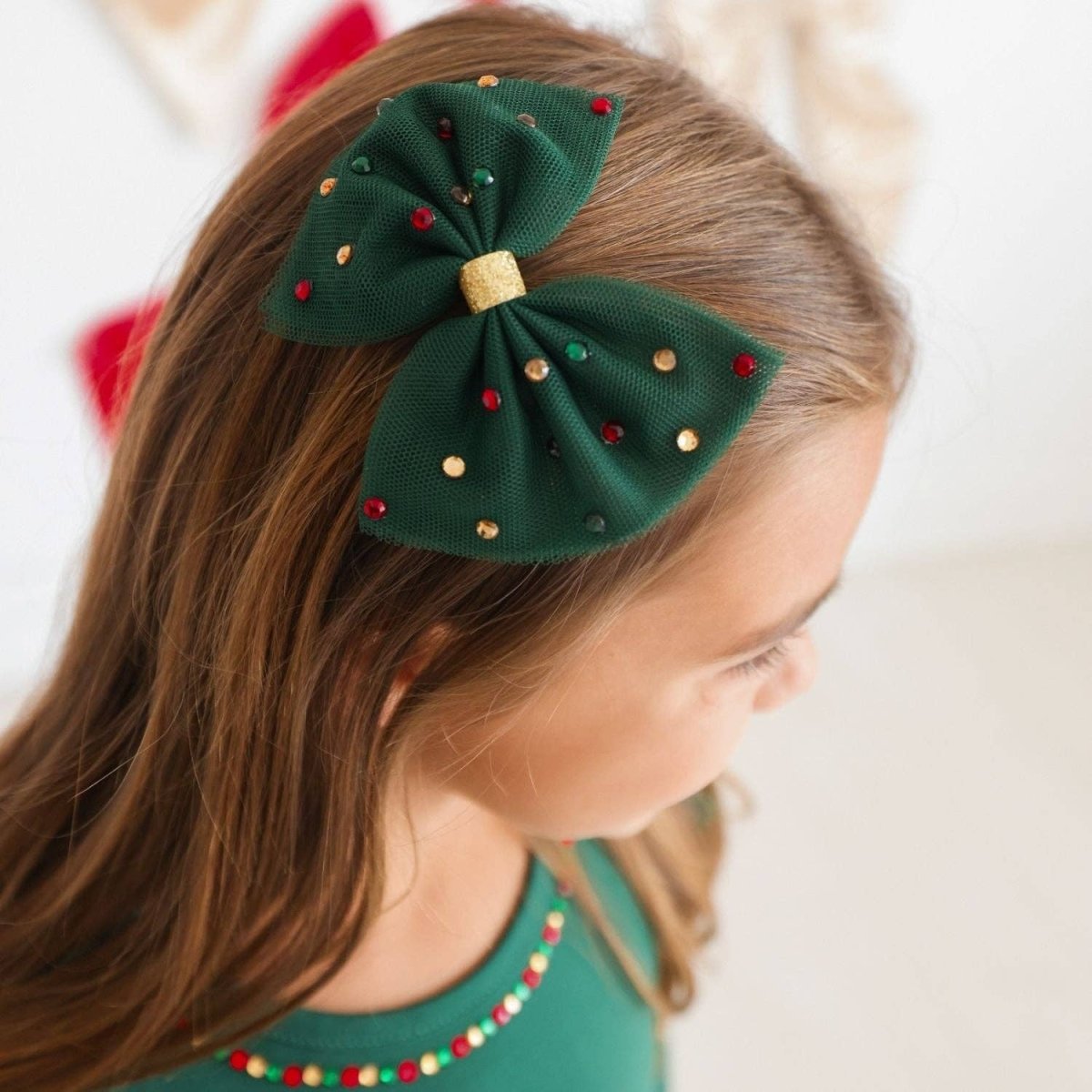 Emerald Rhinestone Christmas Tulle Bow Clip - Sweet Wink Hair Accessories sold by Rosebud & Jo