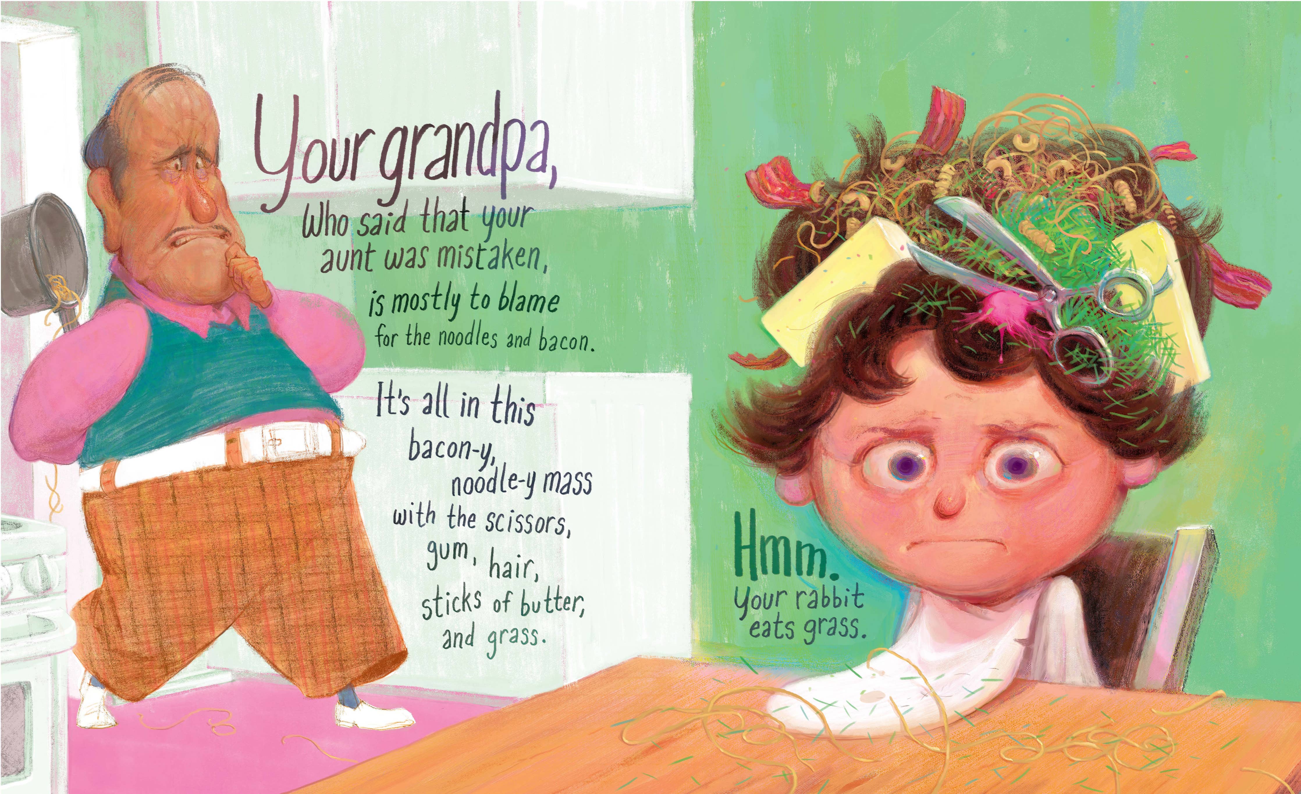 Illustration of a child with messy hair and a man in pajamas, with text on a green background.