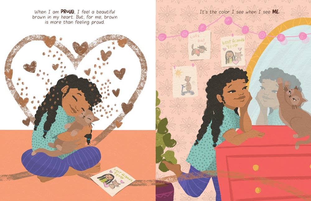A children's book or illustrated print shown in two side-by-side spread panels. The left panel shows a young girl sitting on the floor with a large heart outline and hearts around her, holding a stuffed animal, with text at the top.