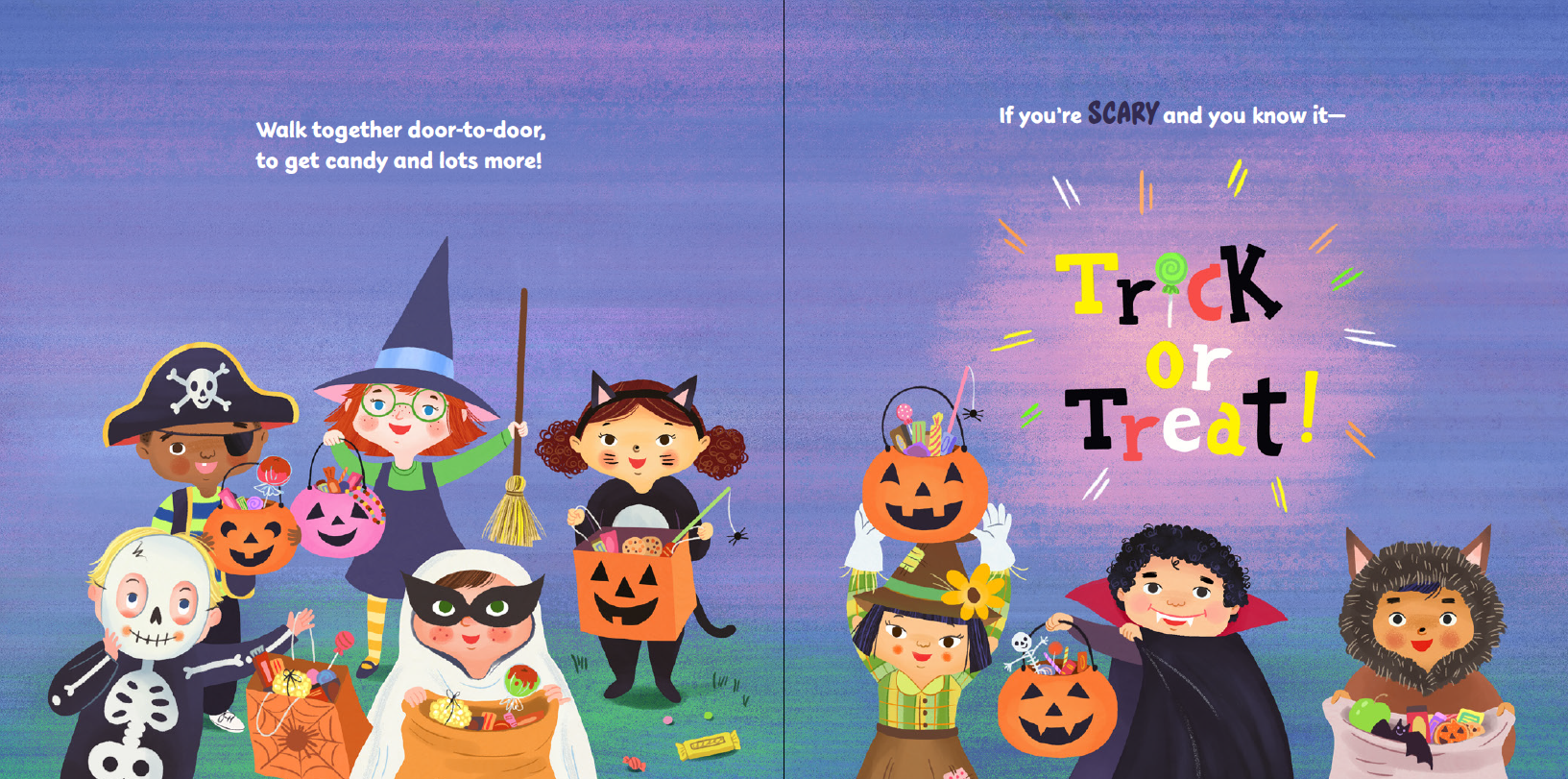 A children's book spread showing illustrated Halloween characters dressed as pirates, witches, cats, skeletons, and others on a purple sky background, with the title 'Trick or Treat!' and playful text.