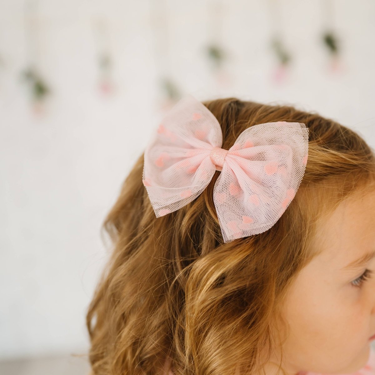 Flocked Heart Valentine's Day Tulle Bow Clip - Sweet Wink Hair Accessory sold by Rosebud & Jo