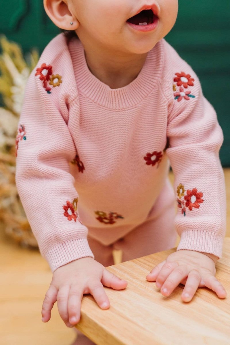 Floral Pink Organic Knit Jumpsuit - Viverano Organics Baby & Toddler Clothing sold by Rosebud & Jo