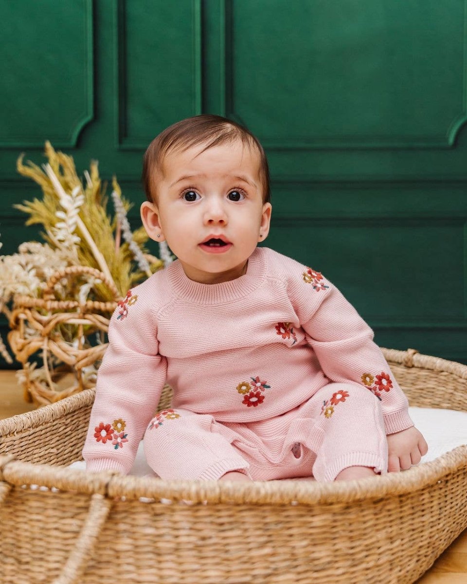Floral Pink Organic Knit Jumpsuit - Viverano Organics Baby & Toddler Clothing sold by Rosebud & Jo