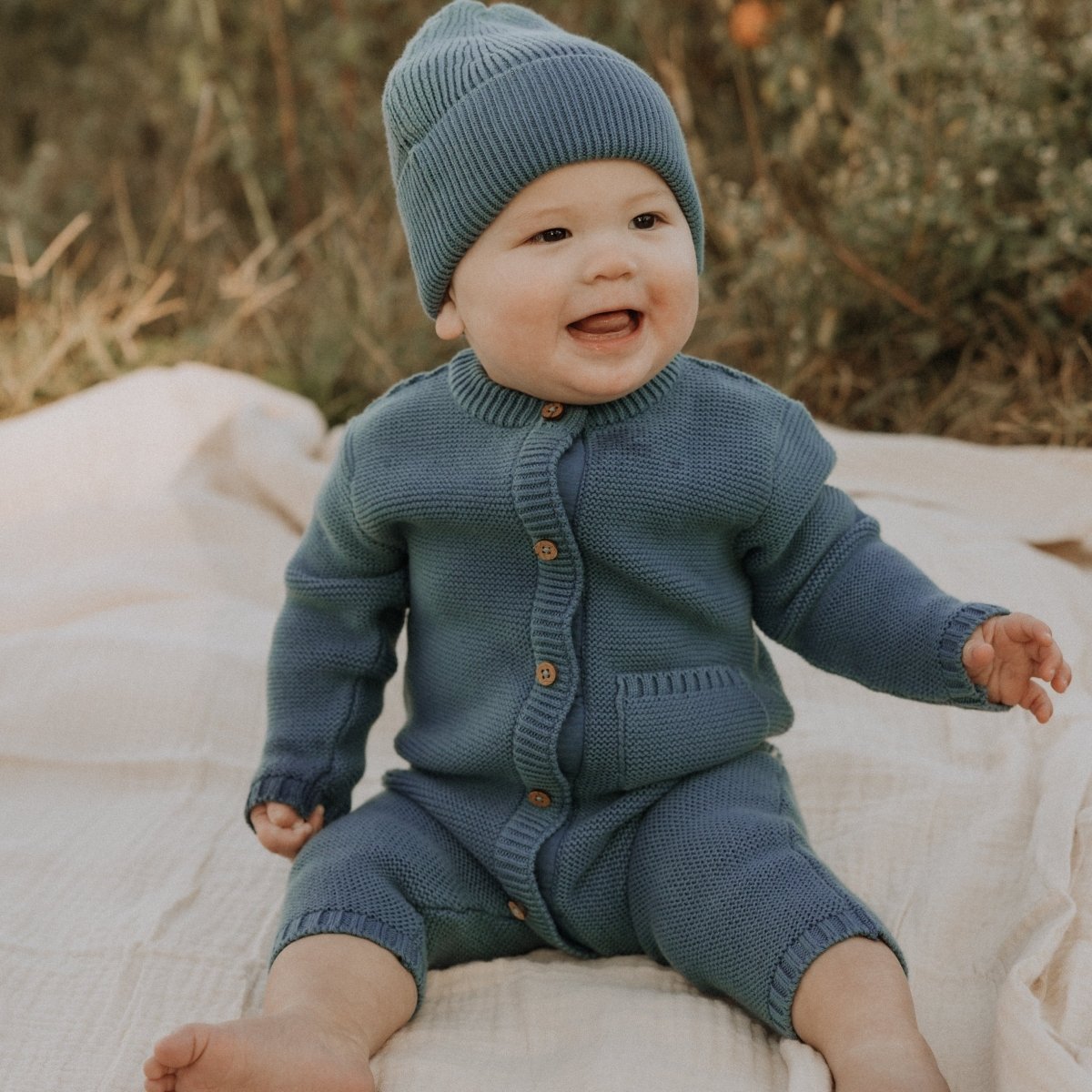 Garter Stitch Romper in Bluestone - Dear Hayden Baby & Toddler Clothing sold by Rosebud & Jo