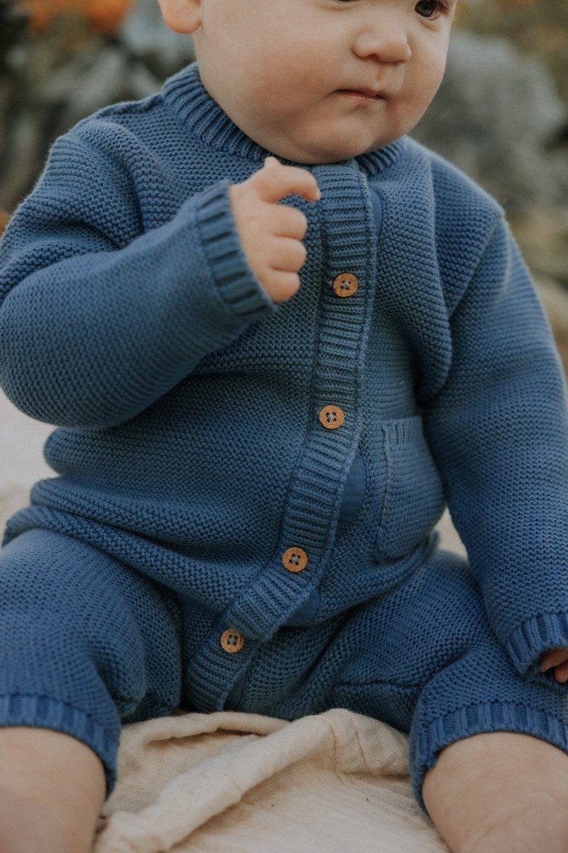 Garter Stitch Romper in Bluestone - Dear Hayden Baby & Toddler Clothing sold by Rosebud & Jo