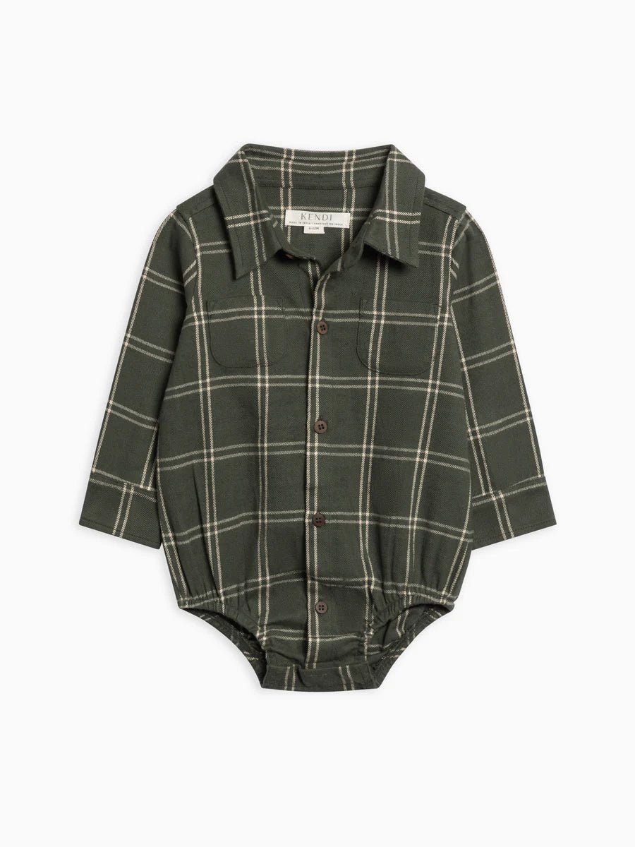 Giri Flannel Collared Bodysuit in Pine Plaid - Kendi Baby & Toddler Clothing sold by Rosebud & Jo