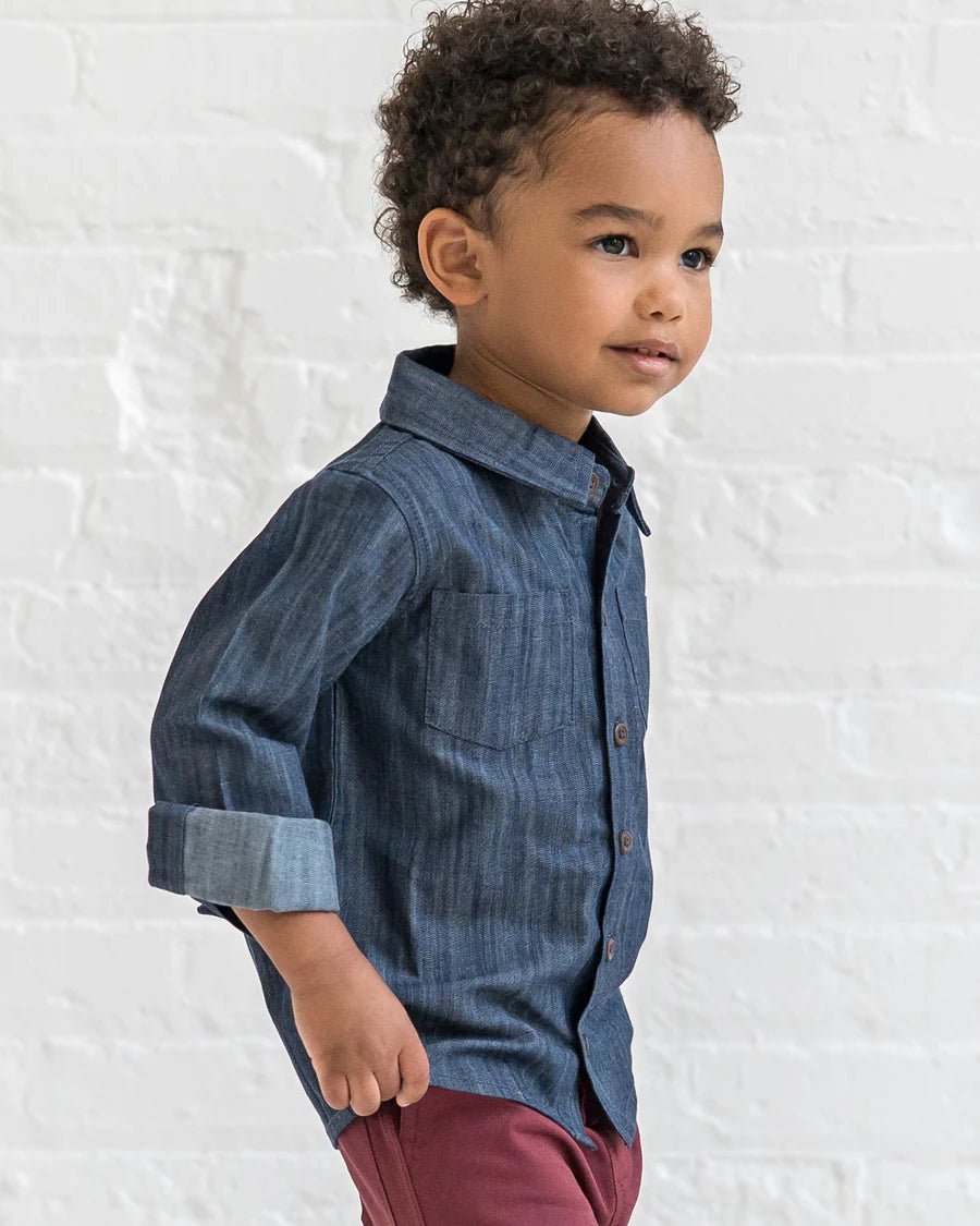 Hayes Chambray Long Sleeve Collared Shirt - Kendi Baby & Toddler Clothing sold by Rosebud & Jo