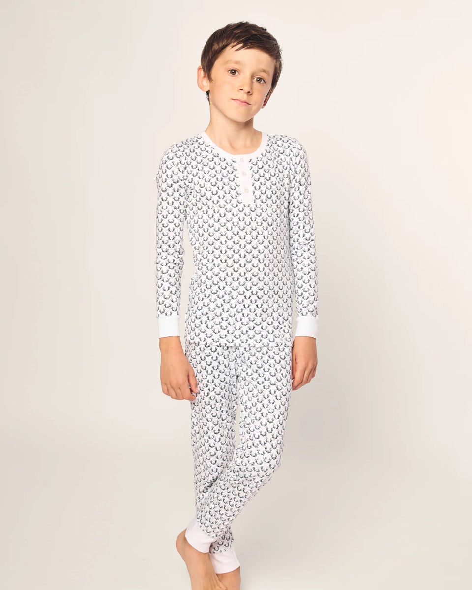 Kid's Pima Snug Fit Pajama Set in Nordic Antlers on White - Petite Plum Baby & Toddler Clothing sold by Rosebud & Jo