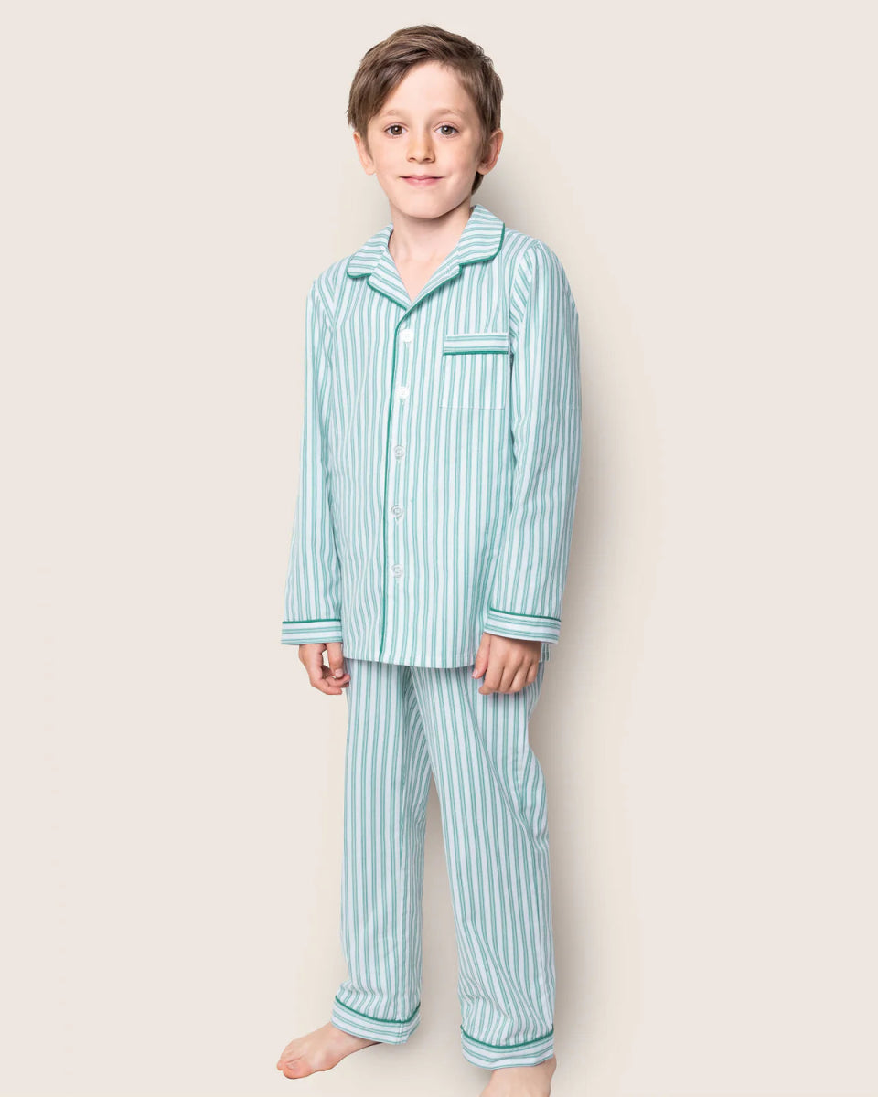 Kid's Twill Pajama Set in Emerald Ticking - Petite Plum Baby & Toddler Clothing sold by Rosebud & Jo