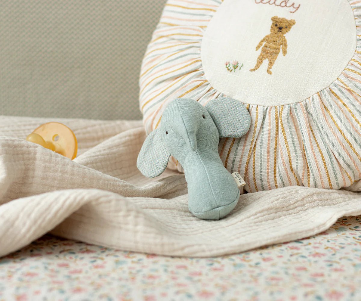 Lullaby Friend Rattles, Elephant in Light Dusty Blue - Maileg Toys sold by Rosebud & Jo