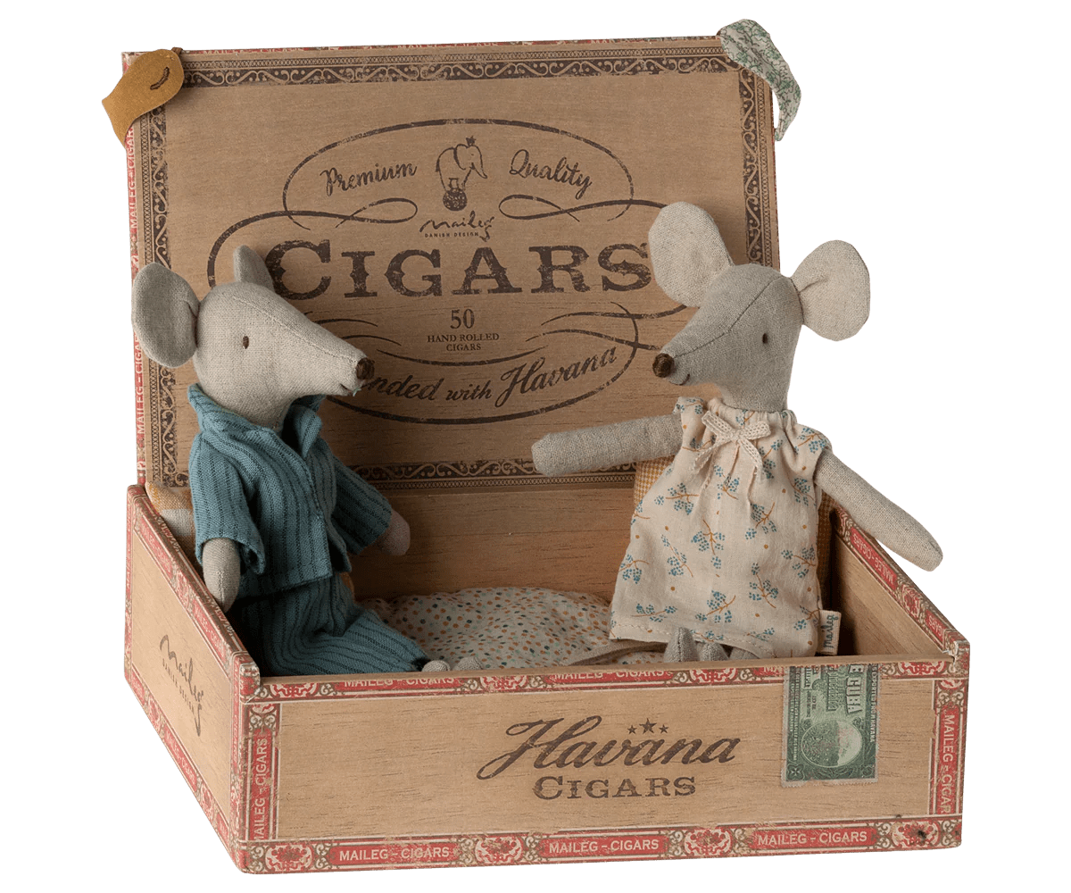 Mum & Dad Mice in Cigar Box - Maileg Toy sold by Rosebud & Jo
