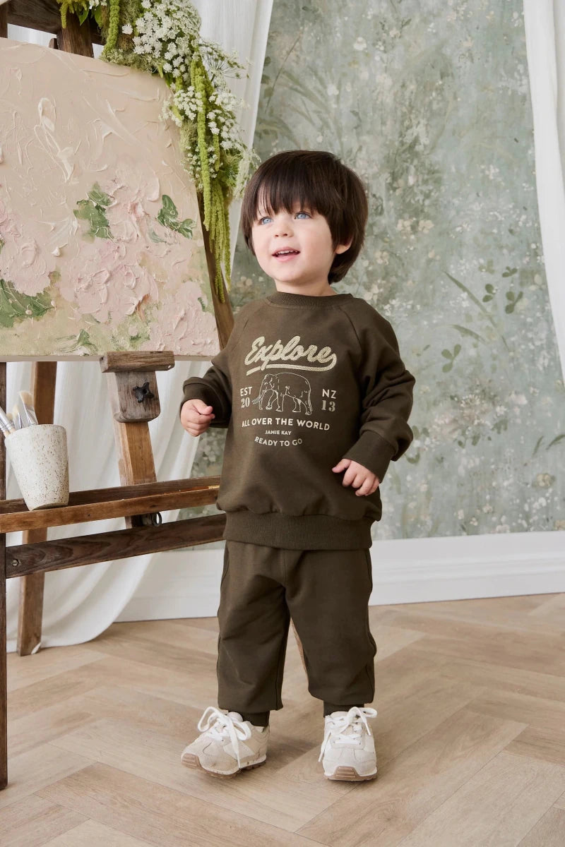 Organic Cotton Duncan Sweatshirt - Deep Olive Elephant Explore - Jamie Kay Tops sold by Rosebud & Jo