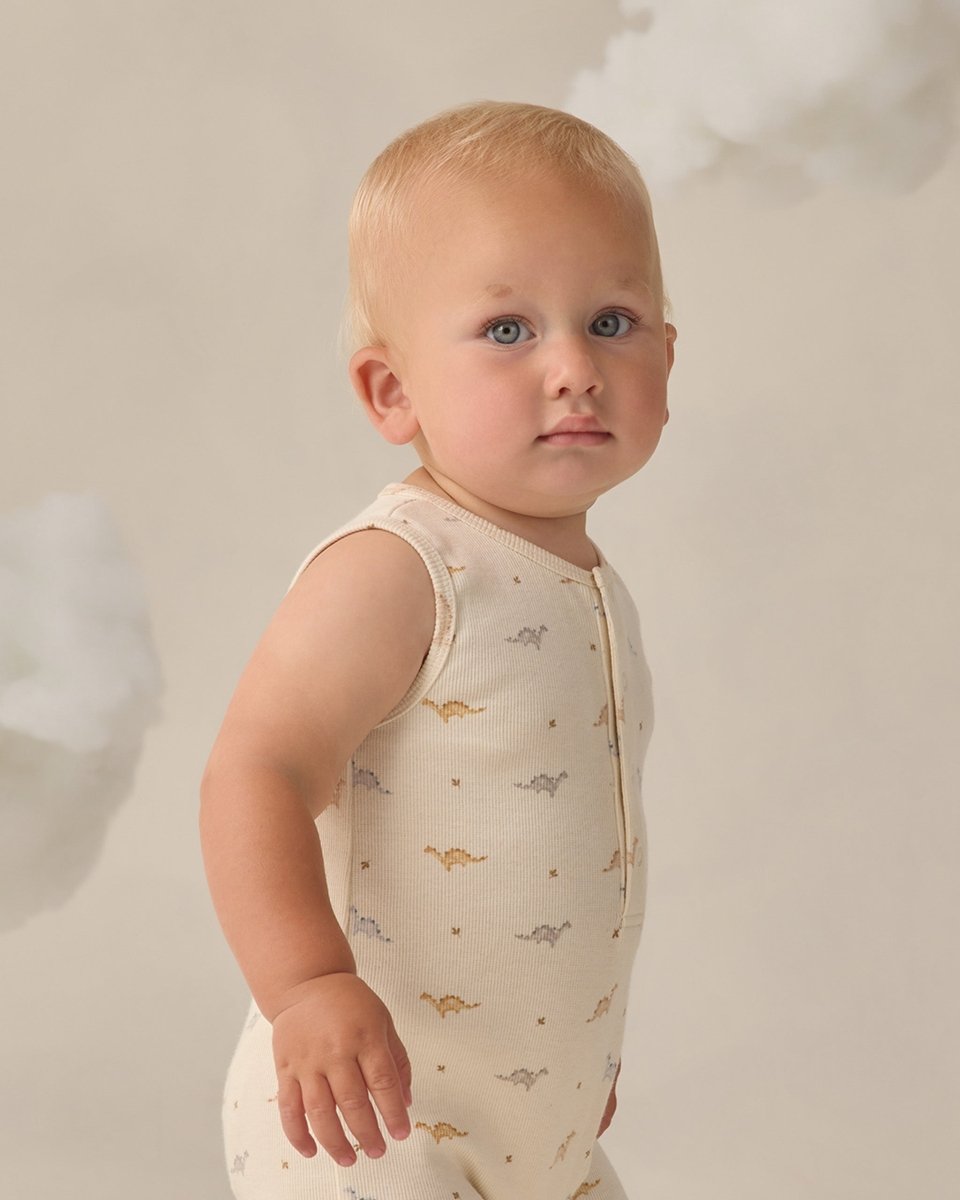 Ribbed Henley Romper || Dinos - Quincy Mae Rompers & Jumpers sold by Rosebud & Jo