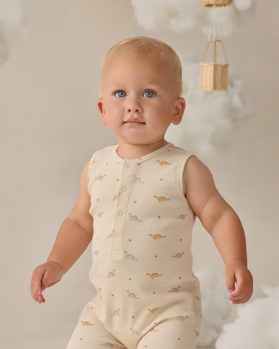 Ribbed Henley Romper || Dinos - Quincy Mae Rompers & Jumpers sold by Rosebud & Jo