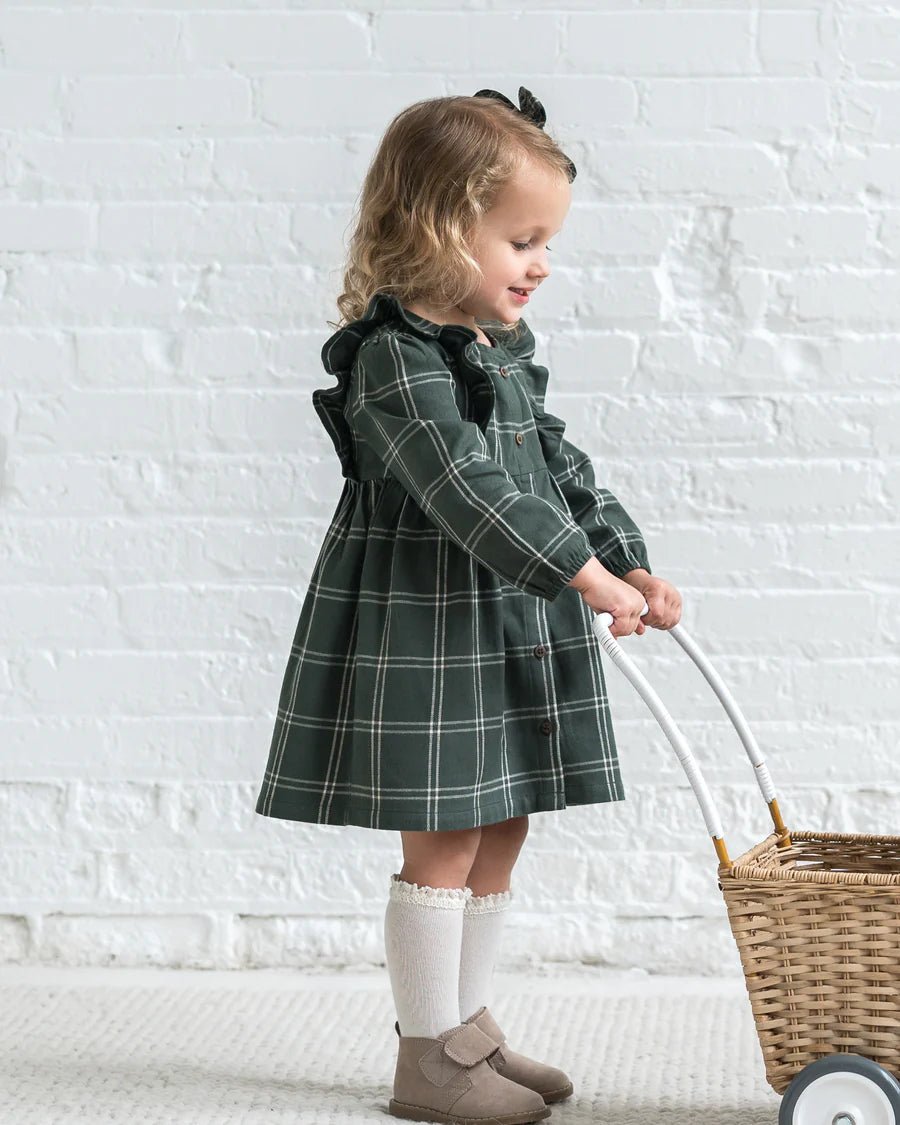Rya Flannel Ruffle Dress in Pine Plaid - Kendi Baby & Toddler Clothing sold by Rosebud & Jo