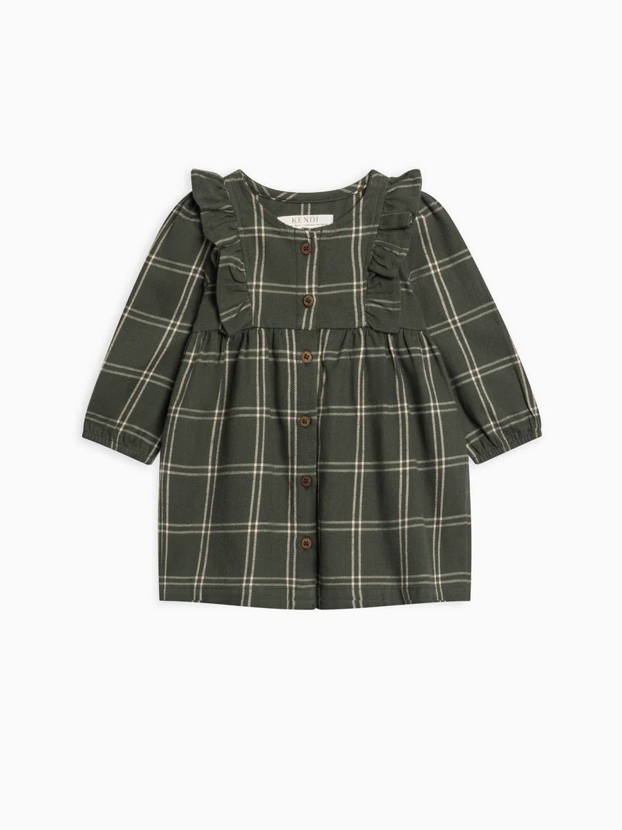 Rya Flannel Ruffle Dress in Pine Plaid - Kendi Baby & Toddler Clothing sold by Rosebud & Jo