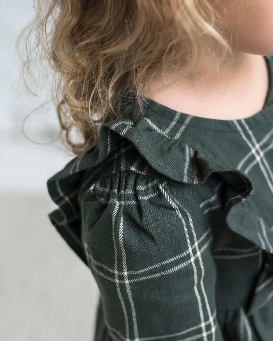 Rya Flannel Ruffle Dress in Pine Plaid - Kendi Baby & Toddler Clothing sold by Rosebud & Jo