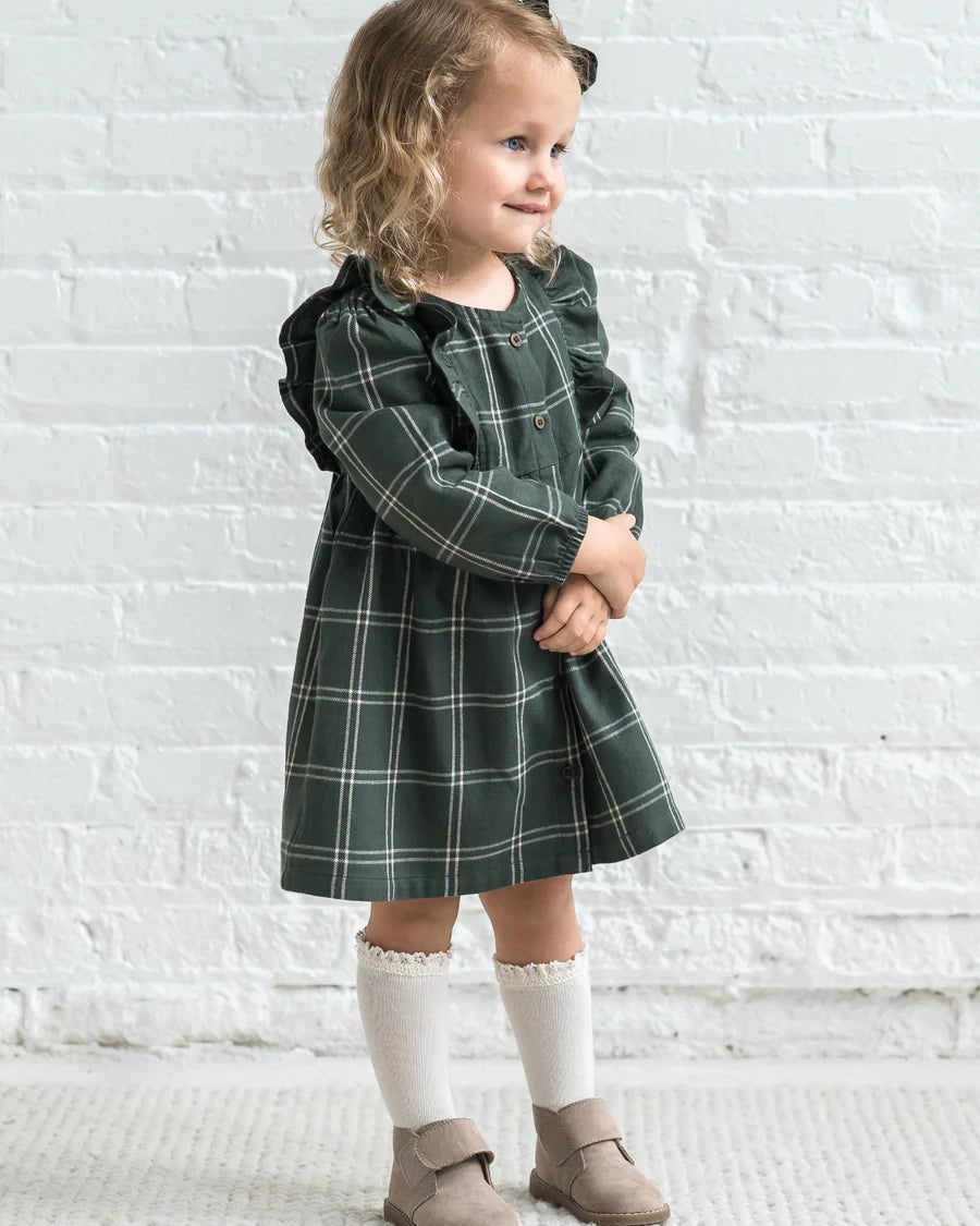 Rya Flannel Ruffle Dress in Pine Plaid - Kendi Baby & Toddler Clothing sold by Rosebud & Jo