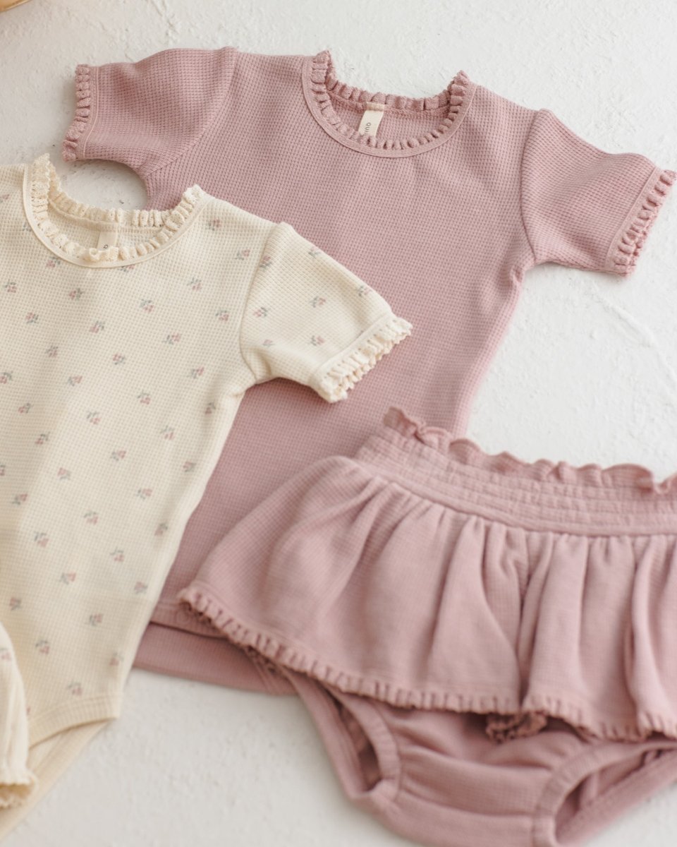 Short Sleeve Waffle Bodysuit || Mauve Ditsy - Quincy Mae Bodysuits/Onesies sold by Rosebud & Jo