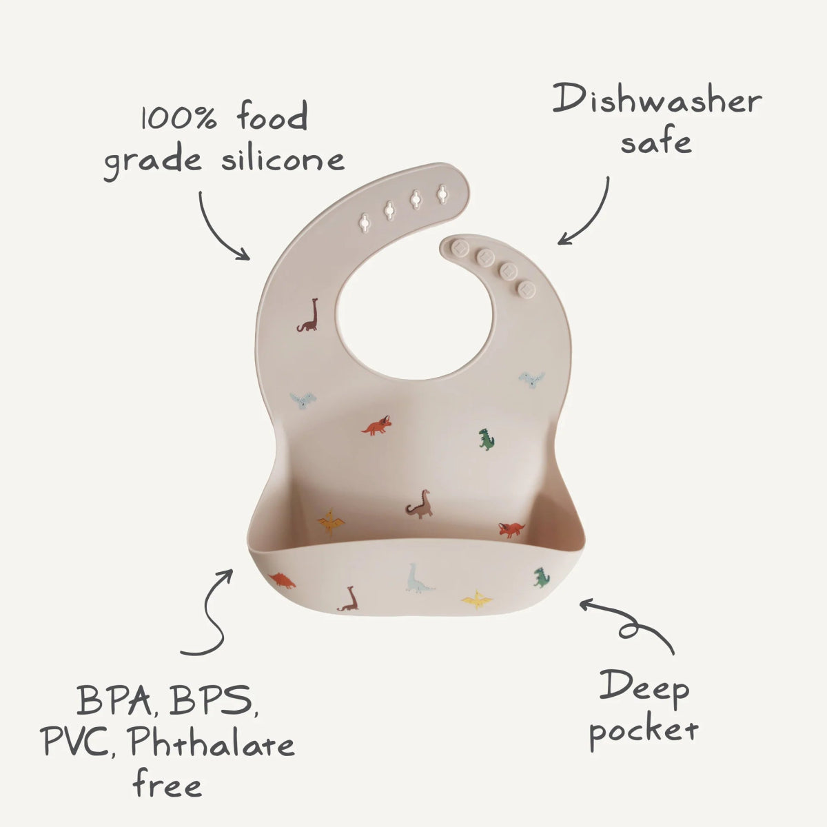 Silicone Baby Bib – Dinosaurs - Mushie Bib sold by Rosebud & Jo