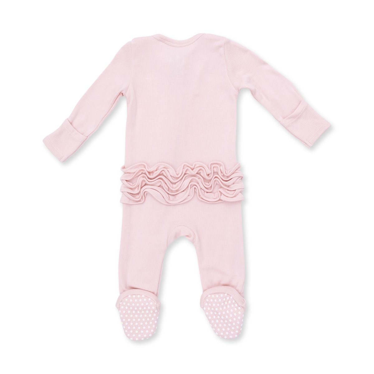 Solid Veiled Pink Rib - 2 Way Ruffle Back Zipper Footie - Angel Dear Footies sold by Rosebud & Jo