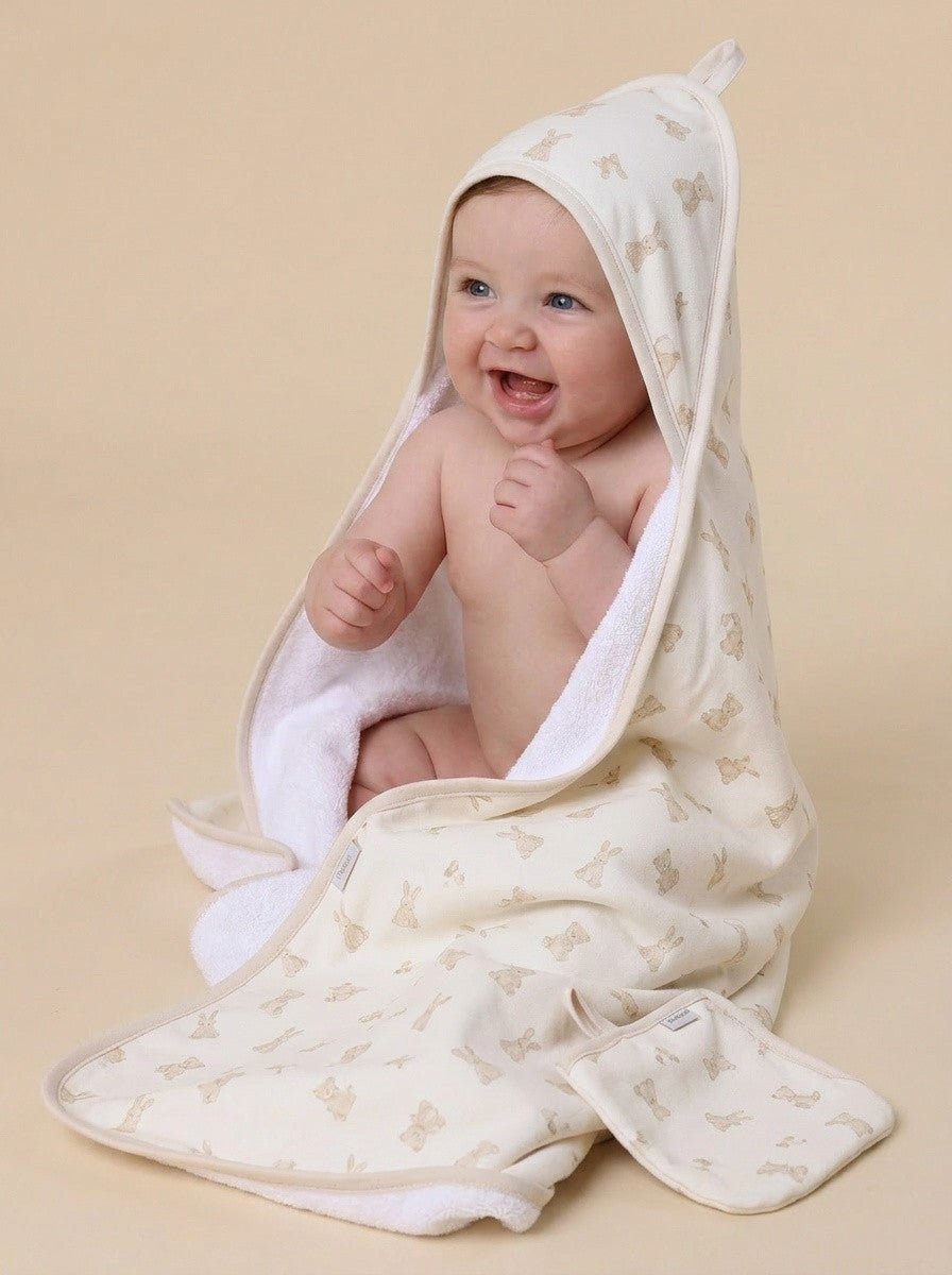 Stuffed Animal Print Hooded Baby Bath Towel with Glove - Coccoli Bath & Care sold by Rosebud & Jo