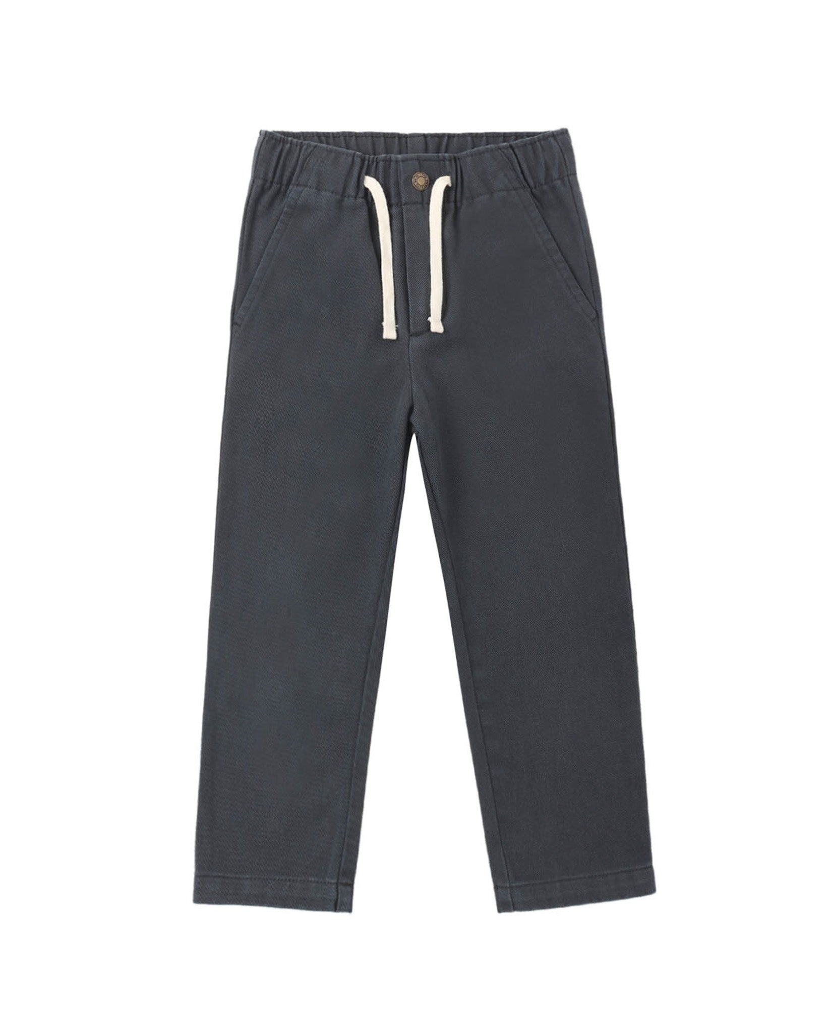 Dark gray jogger pants with an elastic waistband and cream-colored drawstrings, shown flat on a white background.