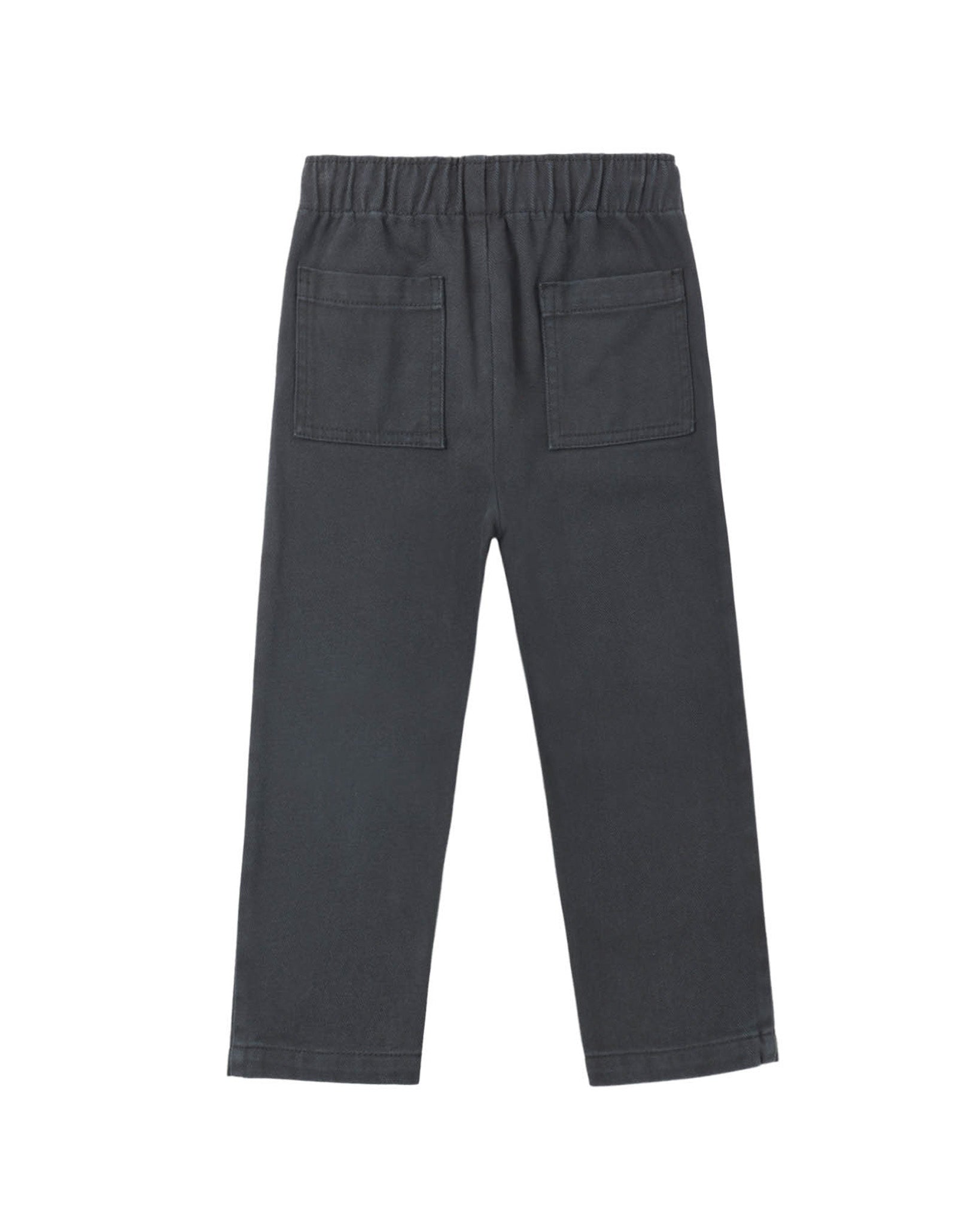 Dark gray pants shown from the back, featuring an elastic waistband and two large patch pockets, displayed on a clean white background.