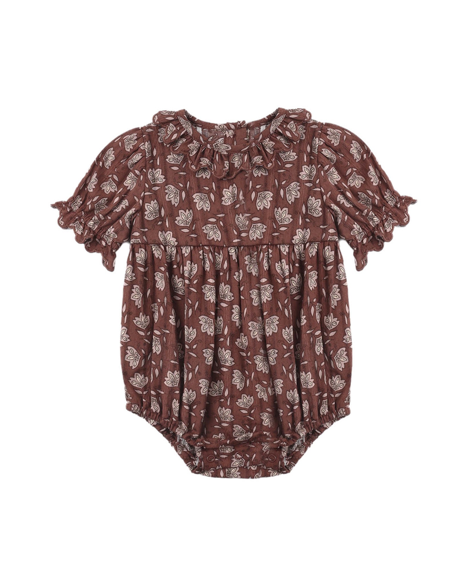 Brown floral-patterned baby romper on a white background