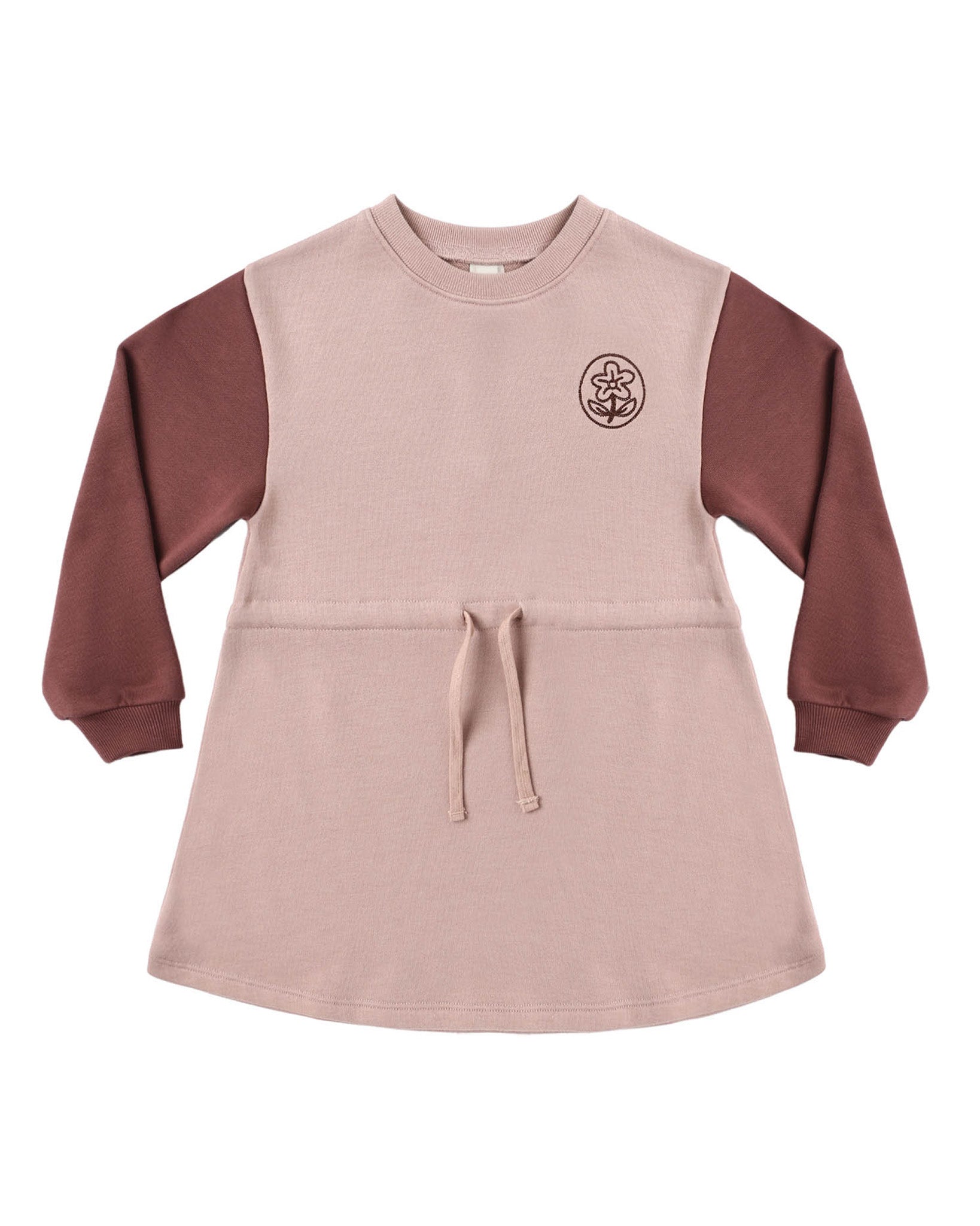 Pink dress with maroon sleeves on a white background