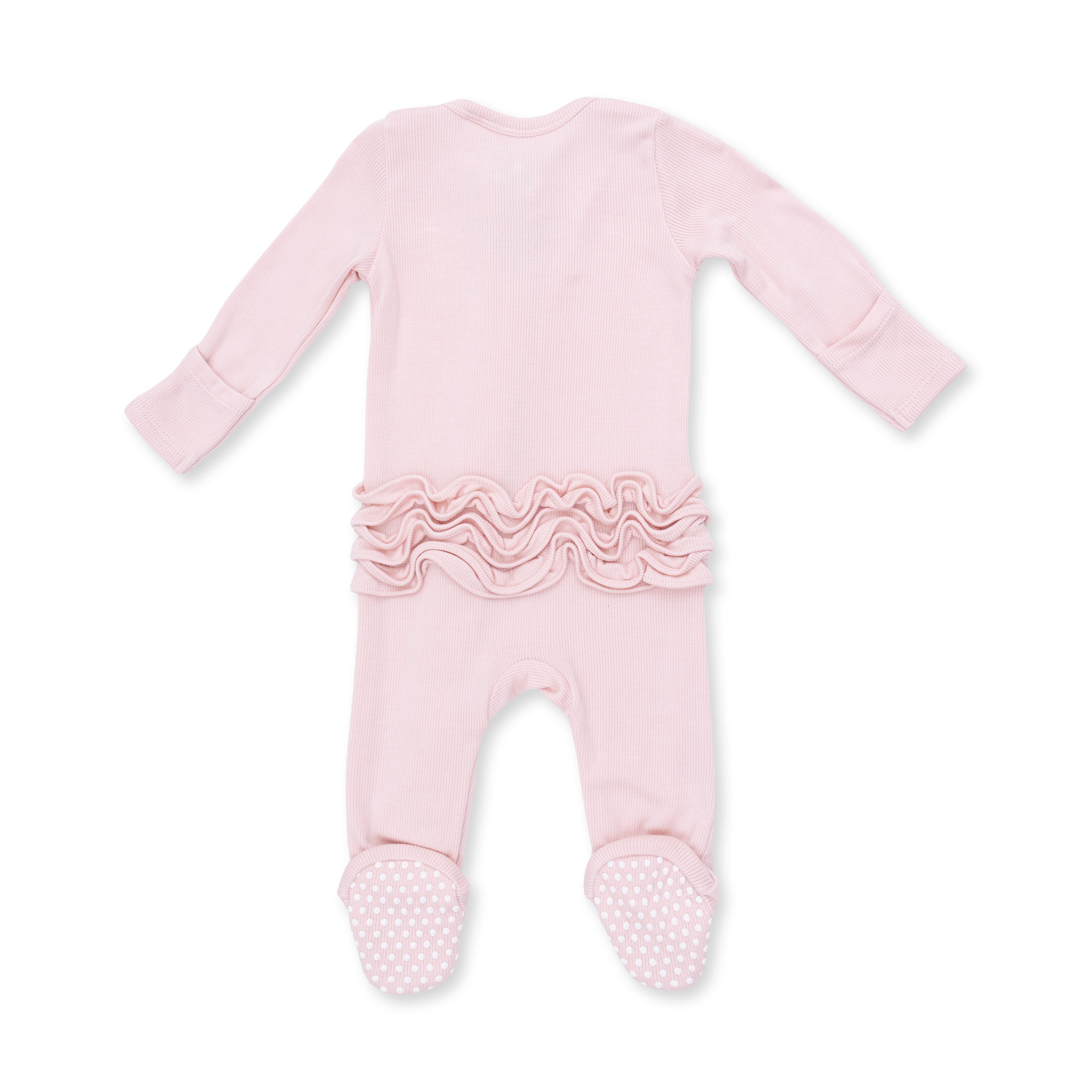 Solid Veiled Pink Rib - 2 Way Ruffle Back Zipper Footie