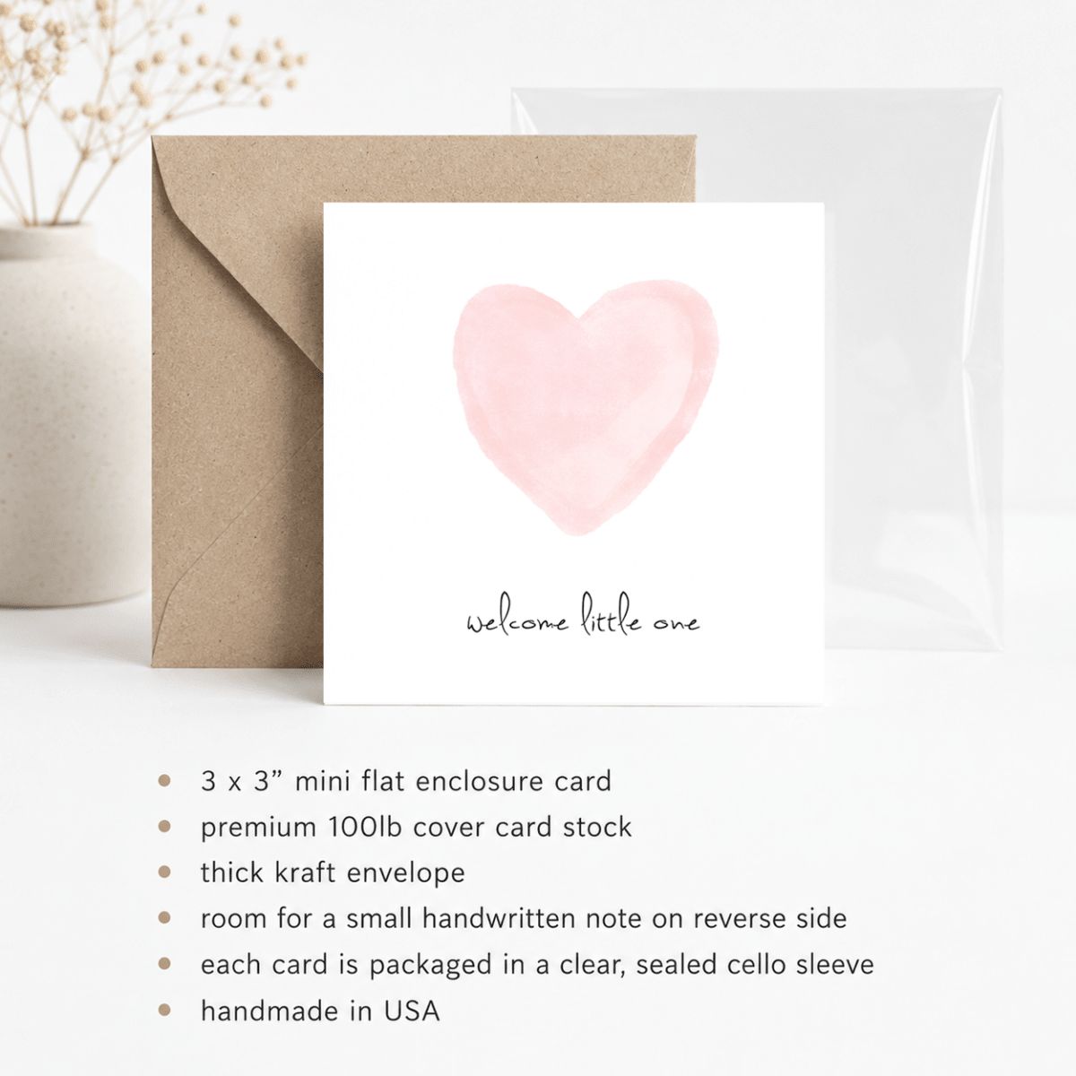 Welcome Little One Pink Heart - Mini Card - Susan Case Designs Card sold by Rosebud & Jo