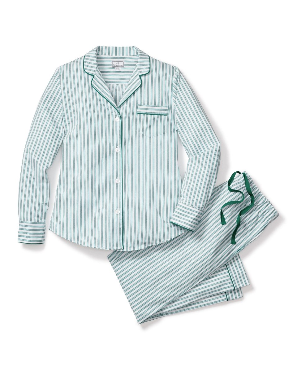 Women's Twill Pajama Set in Emerald Ticking - Petite Plume Women's Clothing sold by Rosebud & Jo