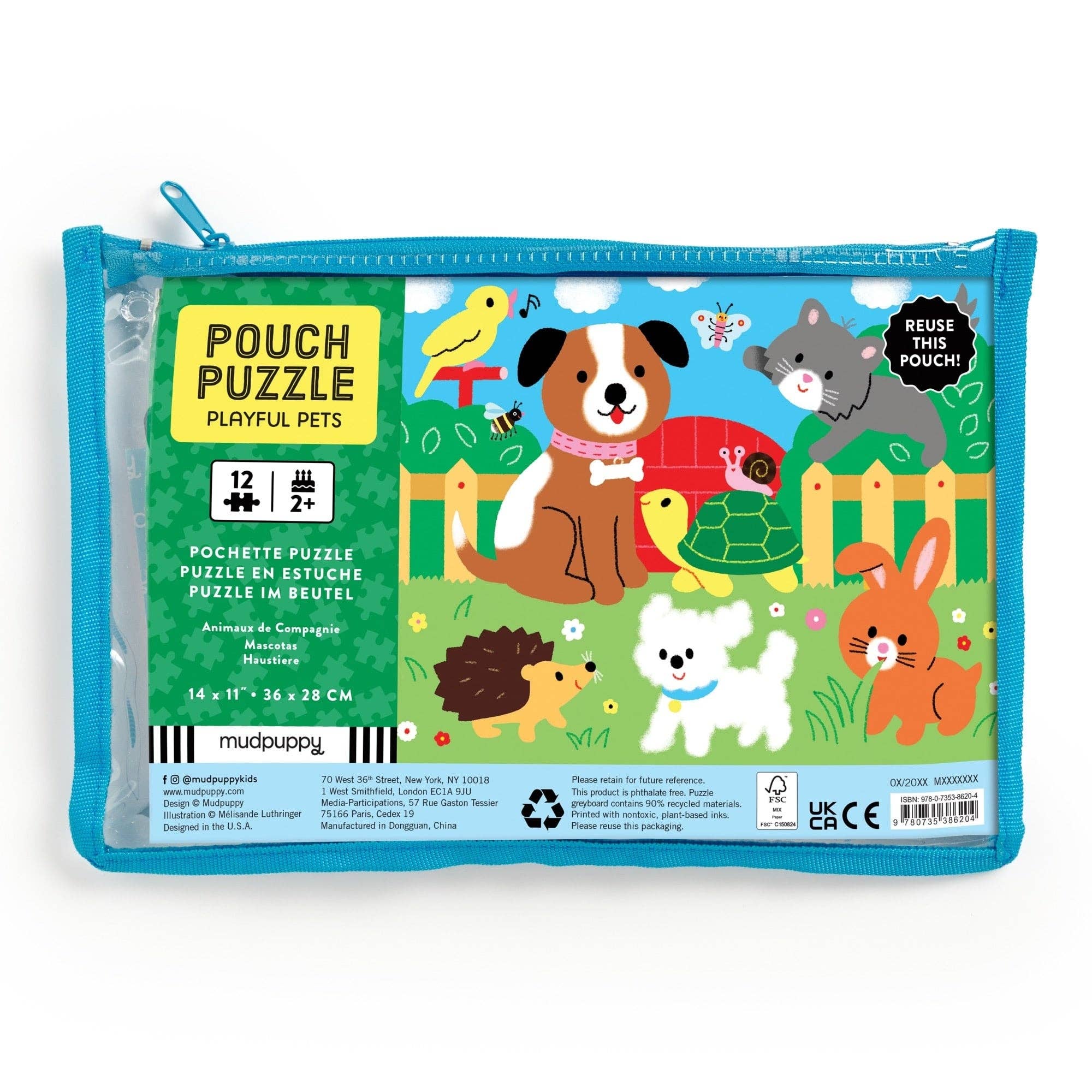Pouch puzzle packaging with illustrations of animals on a white background