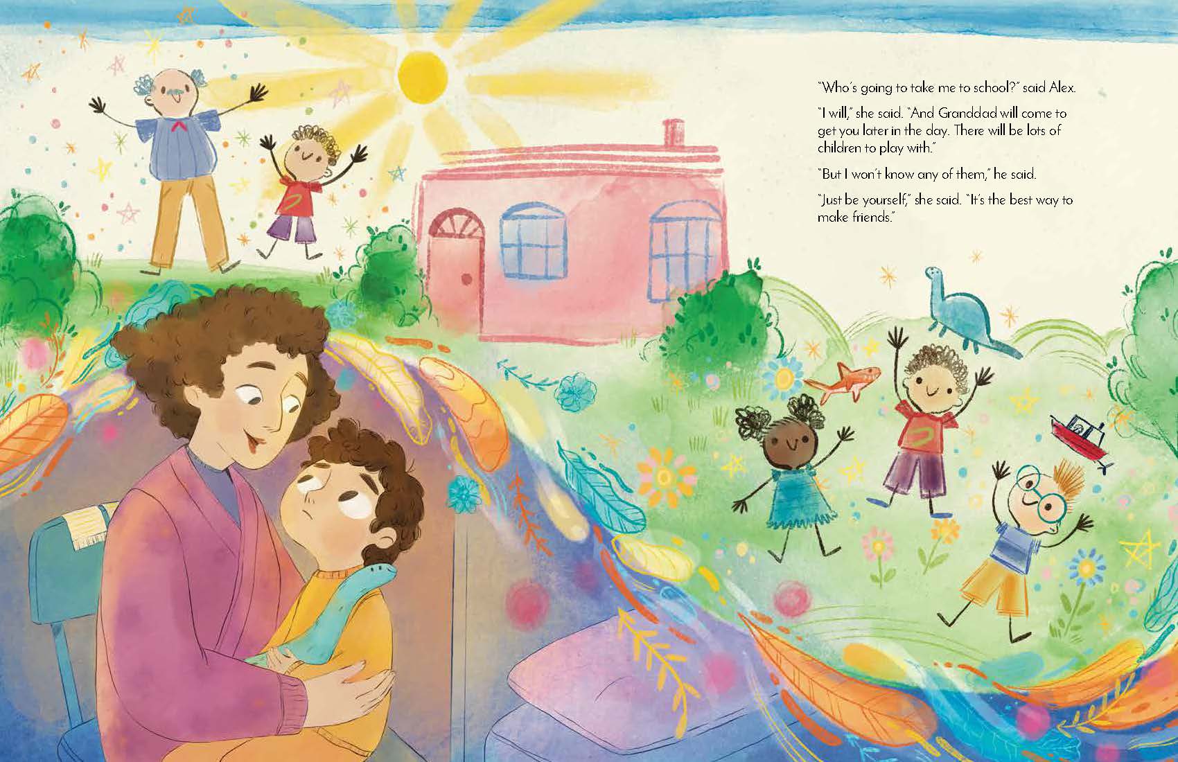 Colorful illustration from a children's book with a woman holding a child, a house, and children playing outside.