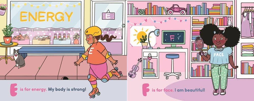 A children's book or educational poster with two illustrated panels showing children in colorful rooms. The left panel shows a child roller skating in front of a storefront with the word 'ENERGY' in large letters, and the bottom text reads 'F is for energy, My body is strong!'.