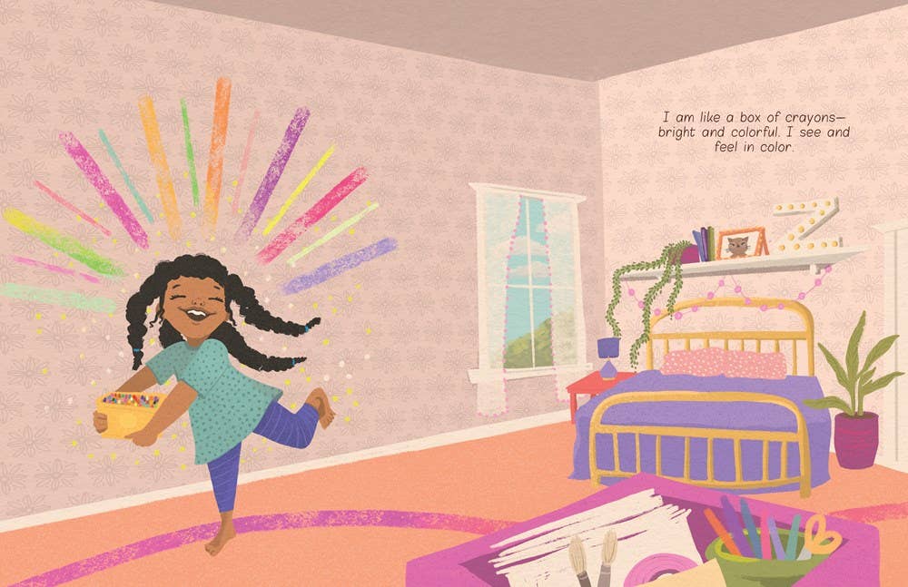 Illustrated children's book style scene showing a smiling girl with braided hair running through a bedroom while holding a box of crayons. The room has a pinkish-beige wall, a window, a bed with purple bedding, plants, and a desk with colorful crayons.