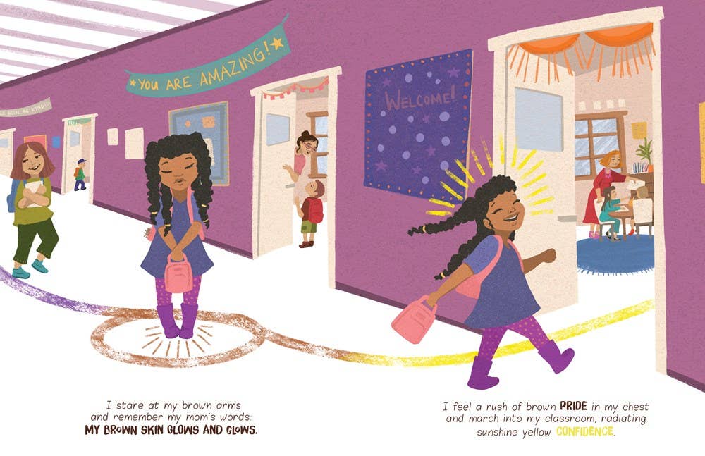 Illustrated children's book page showing a school hallway with children, purple walls, and text at the bottom about brown pride and sunshine yellow.