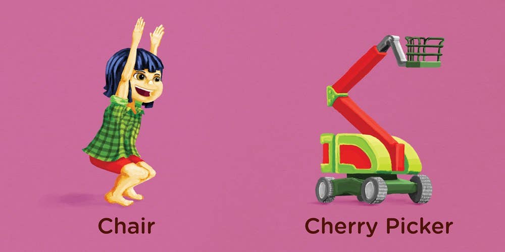 A cartoon-style illustration on a pink background showing two labeled objects: a small seated figure labeled 'Chair' on the left and a cherry picker labeled 'Cherry Picker' on the right.