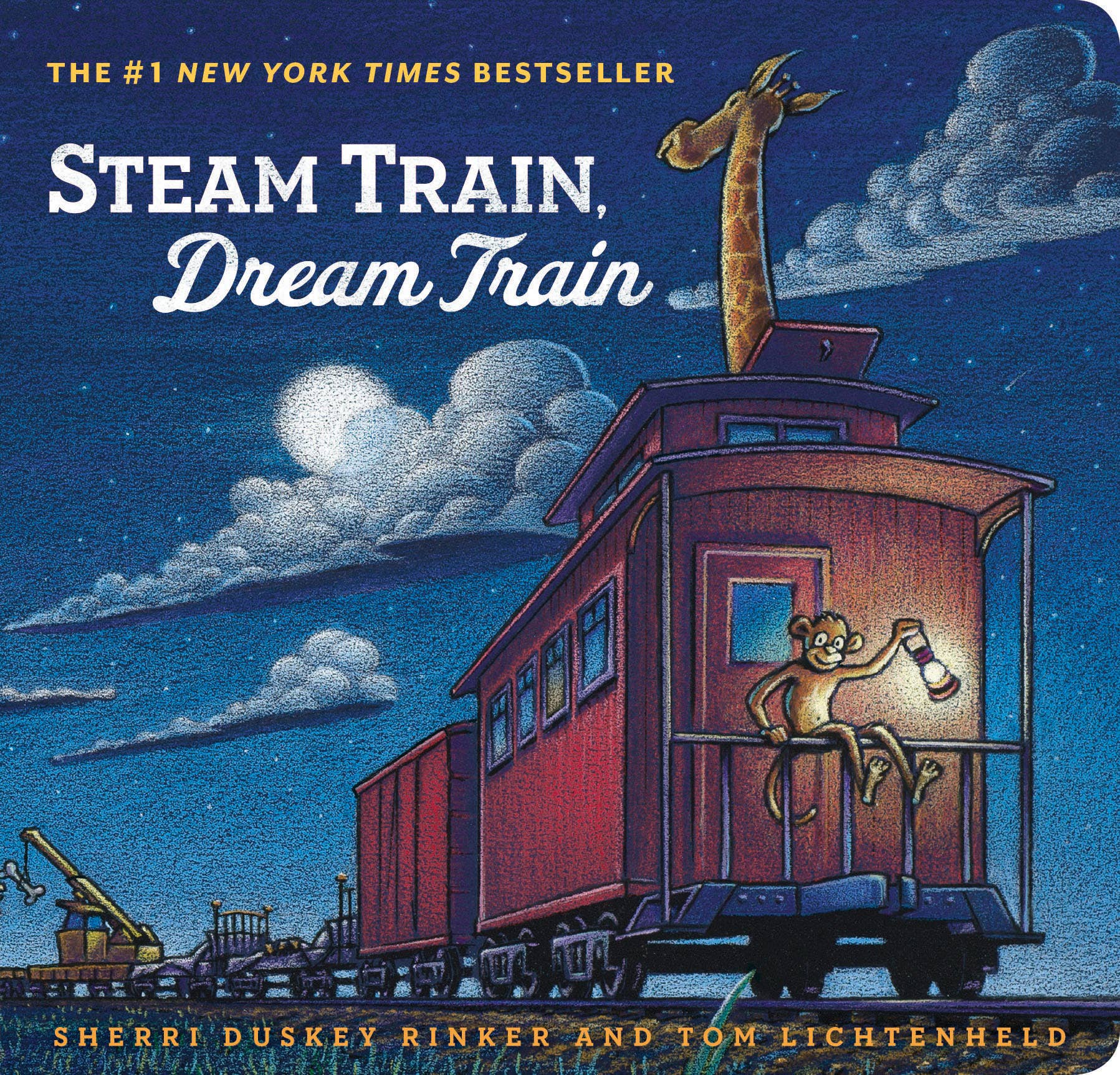 Book cover of 'Steam Train, Dream Train' with a red train car, monkey, and giraffe against a night sky.