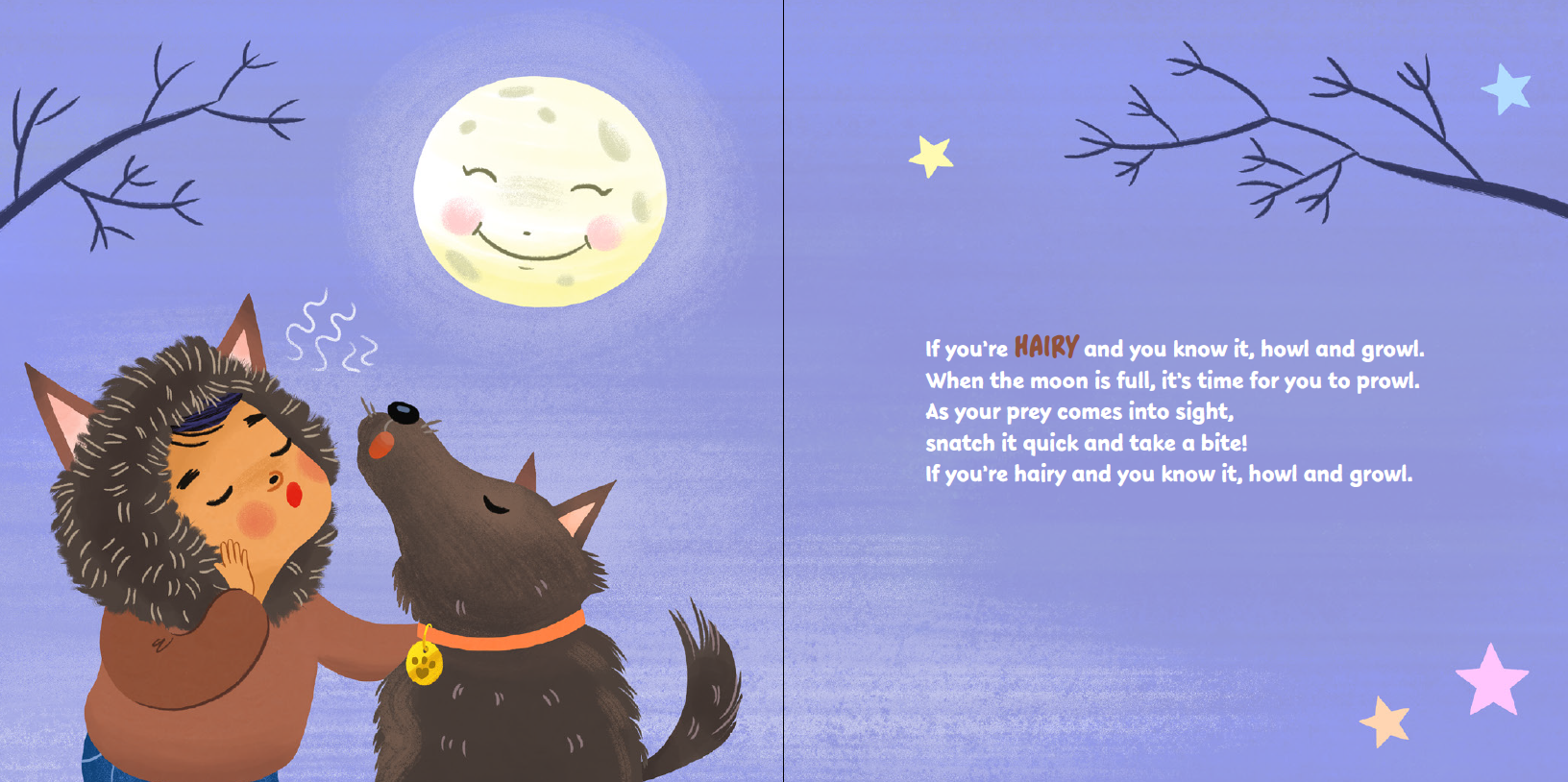 Illustration of a child and dog under a moonlit sky with text.