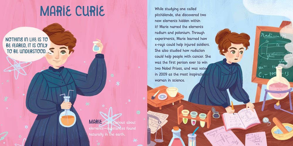 Illustration of Marie Curie with a pink background and educational elements.
